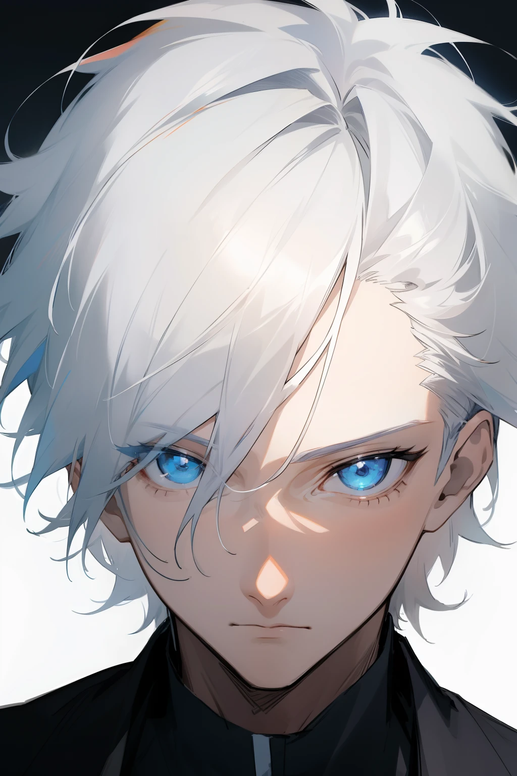 Boy Messy white hair, stunning anime face portrait, looking to nothing, expressionless, BLUE high detailed thin eyes, grayard background, high detailed shadow