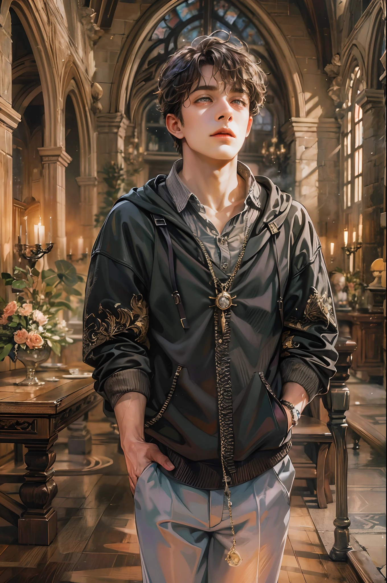 (absurdres, highres, ultra detailed, HDR), masterpiece, best quality, Harry Potter character inside hogwarts, handsome face, anime eyes, detailed interior, detailed character