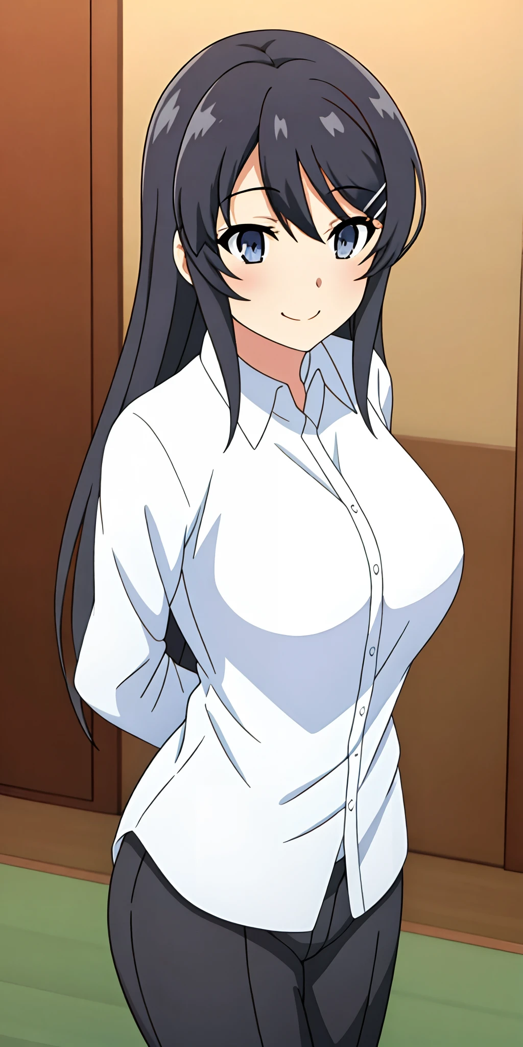1人,von vorne,mid large breasts,arms behind back,stehend im Wohnzimmer,Perfect Body,sweet smile,White tight shirt,schwarze jogginghose