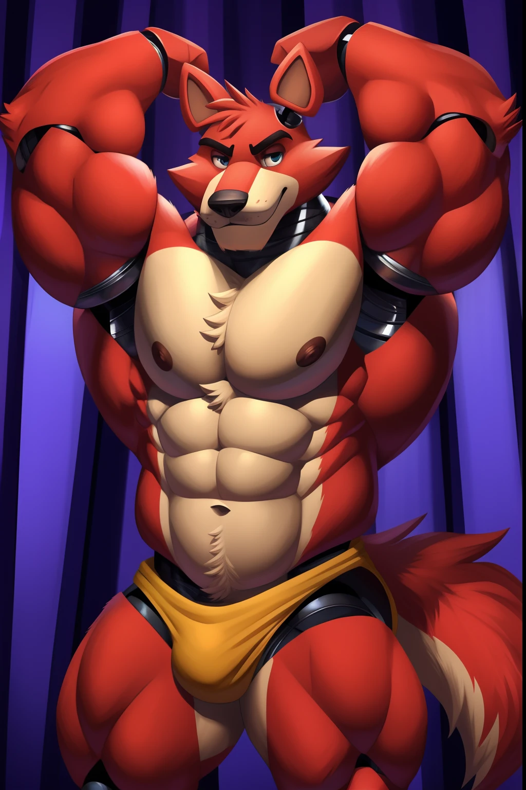 imagem de estilo de um homem com um corpo semelhante a uma raposa e uma camisa, musculoso, peito fofo, musculoso! Branco, peito peludo, super buff e cool, Commission for High Res,Raposa peludo, animatronic , Cinco noites no freddy , Foxy , corpo peludo, forte e imponente, thicc, musculoso!!!, corpo fofo, big muscle, large muscles, roupas latex, Tapes , roupas apertadas e marcadas com musculos , Strike a front pose with your arms back , flexing your muscles, duro e bem grande , maior e grosso para fora com veias e curvado, melado de esperma, one arm down and holding his own hard and large, rechonchudo, gordinho, barrigudo