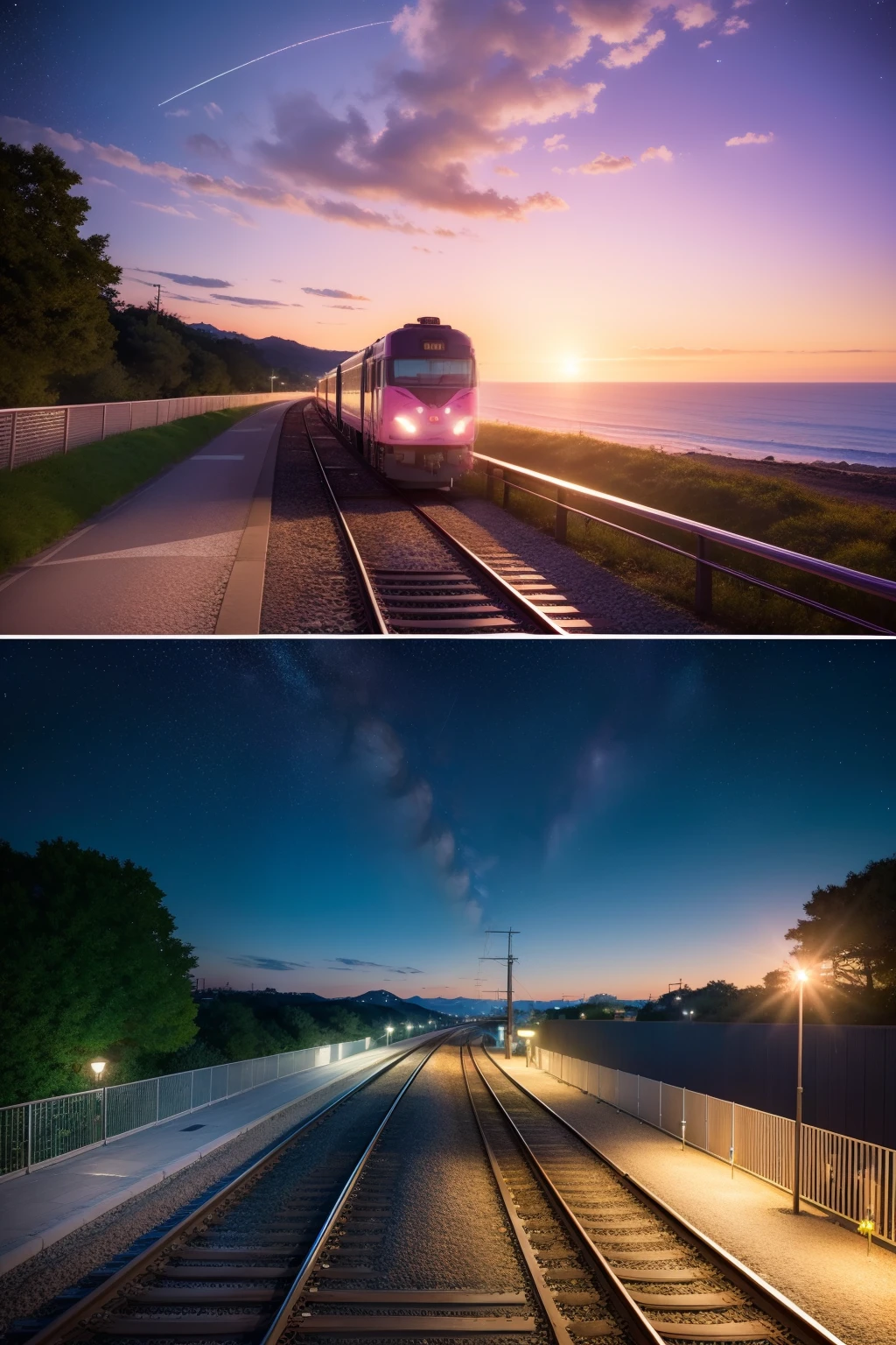 comic strip,anime big breast,Makoto Shinkai anime,Makoto Shinkai concept art animation,(Romantic pink train:1.4),railway,Brilliant starry sky,the setting sun,Sunset,lindo cenario,super-fine,tmasterpiece,8K,best qualtiy