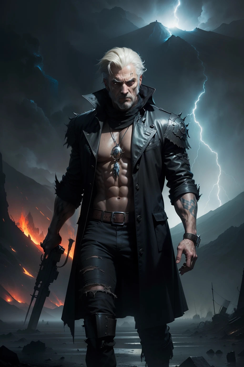 A mean man with sloppy hair, wearing tattered clothes, holding an hourglass in his hand, background is dark storm clouds, erupting volcano, rain, mood is gloomy, desperate, confining, depressing, night time light, digital art, hyper realistic, 8k, unreal engine, character design, art by Peter Paul Rubens, Anne Stokes, Blaz Porenta, Zdzislaw Beksinski, Marc Simonetti, Gerald Brom.