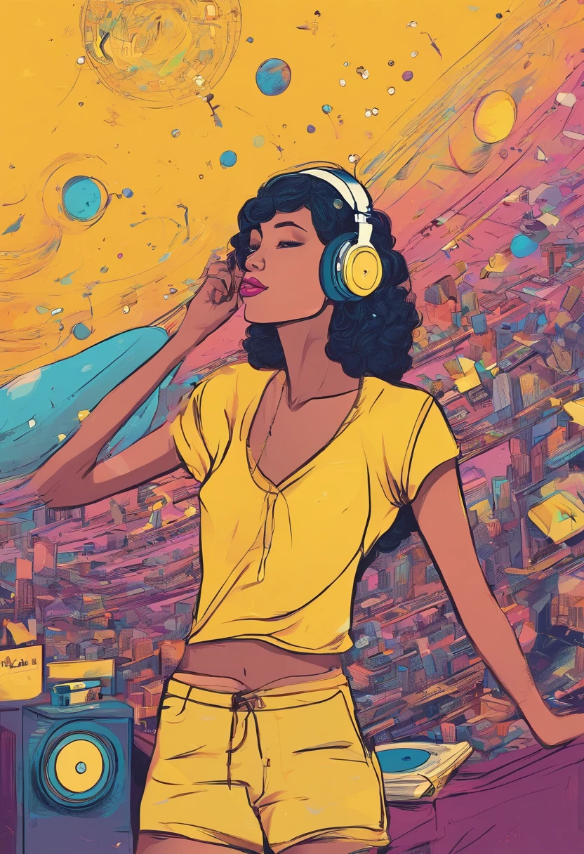 a figure of a woman listening to music and transitioning into space, onde as notas musicais vao saindo do seu fone de ouvido, estilo cartoon, com cores amarelo e roxa apenas