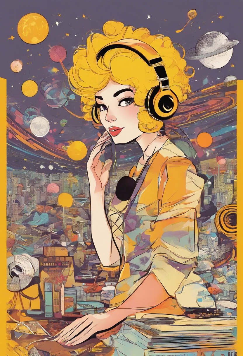 a figure of a woman listening to music and transitioning into space, onde as notas musicais vao saindo do seu fone de ouvido, estilo cartoon, com cores amarelo e roxa apenas