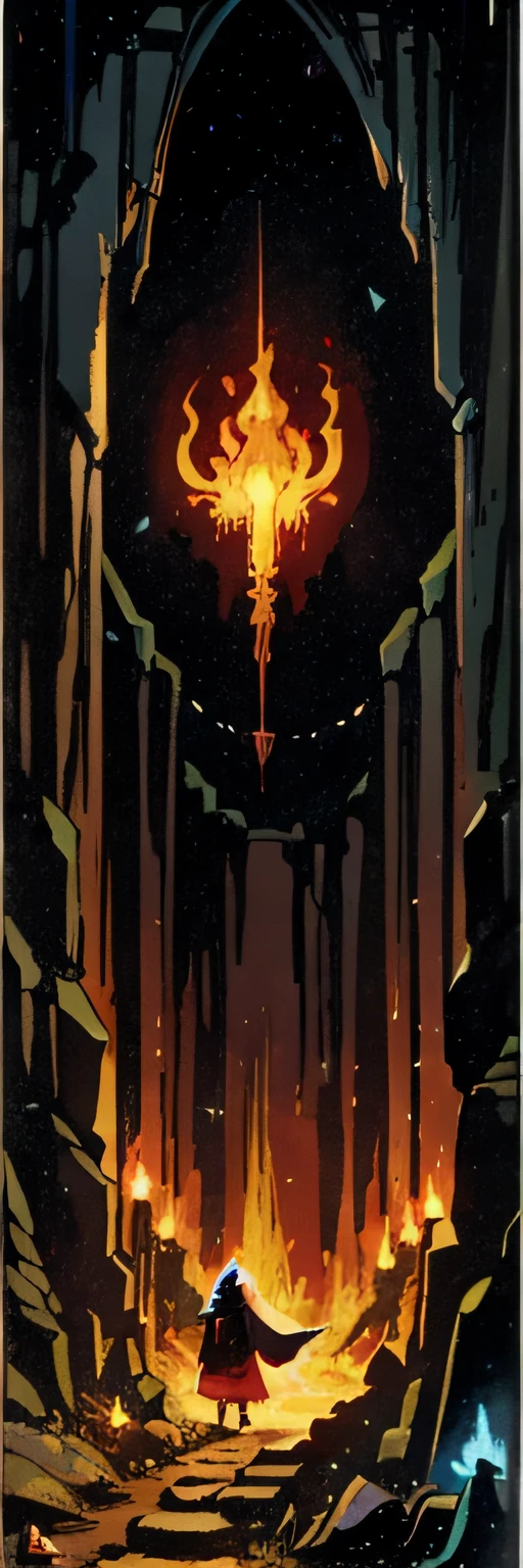 Medieval fantasy book illustration, a wizard walking through a dark cave with a magical flame floating beside him