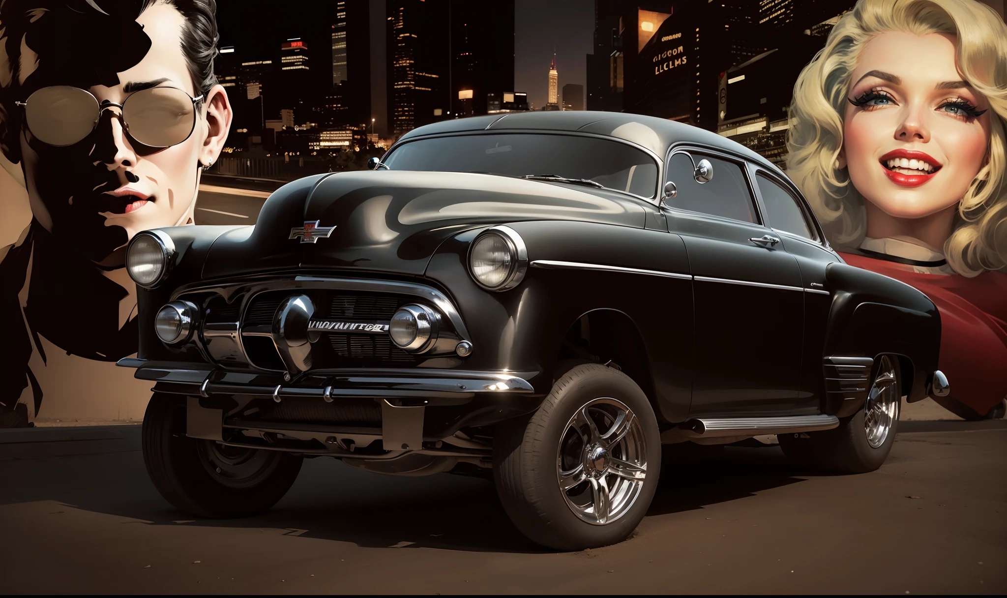 Um Chevrolet PRETO Gasser 1950 em primeiro plano e elegante, Um homem piloto de corridas e linda Marilyn Monroe com cabelos loiro e batom vermelho com a cidade colorida a noite ao fundo