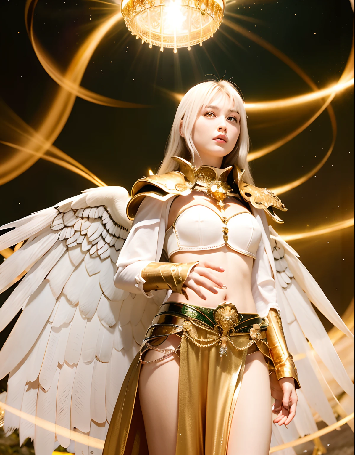 Professional , ​masterpiece、top-quality、photos realistic , depth of fields 、（White bikini armor)、（Particles of light）、Jewel Gold Weapon、Particles of light),Gorgeous gold weapons ,（（ Gorgeous Dragon Sword）） , （White angel wings grow）,（maikurobikini） 、（（White hair））、（Castle background）、（（Gangle's forest background））、Beautiful Caucasian beauty、１a person、dynamic ungle,(((A small ring of light floating overhead)))、Smaller head、Idle Smile、Thin and beautiful female hands、Mystical expression、Light Effects、intense fighting、Wind-effect、magic circles、（White angel wings grow）、