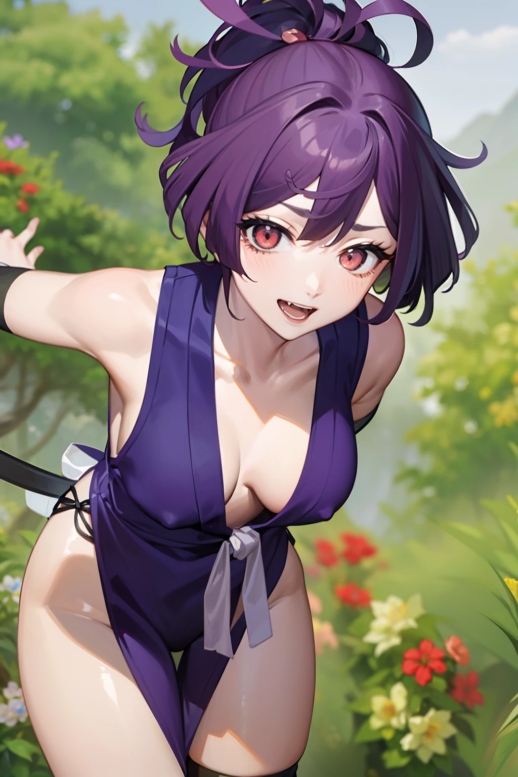 best quality, master part, (leaning over:1.2), 1girl, Yuzuriha_(Jigokuraku), cabelo roxo, olhos castanhos, Ninja, roupas abertas, clivagem, seios pequenos, Topknot, medium hair, breasts apart, sorriso sedutor, (corar:1.1), Japanese exterior, templo, Sengoku Period City, Cidade (NSFW), dogs, various dogs, animais