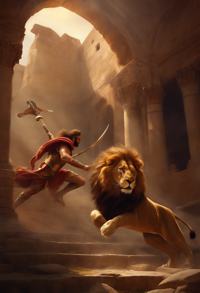 lion attacking a frightened gladiator, colosseum