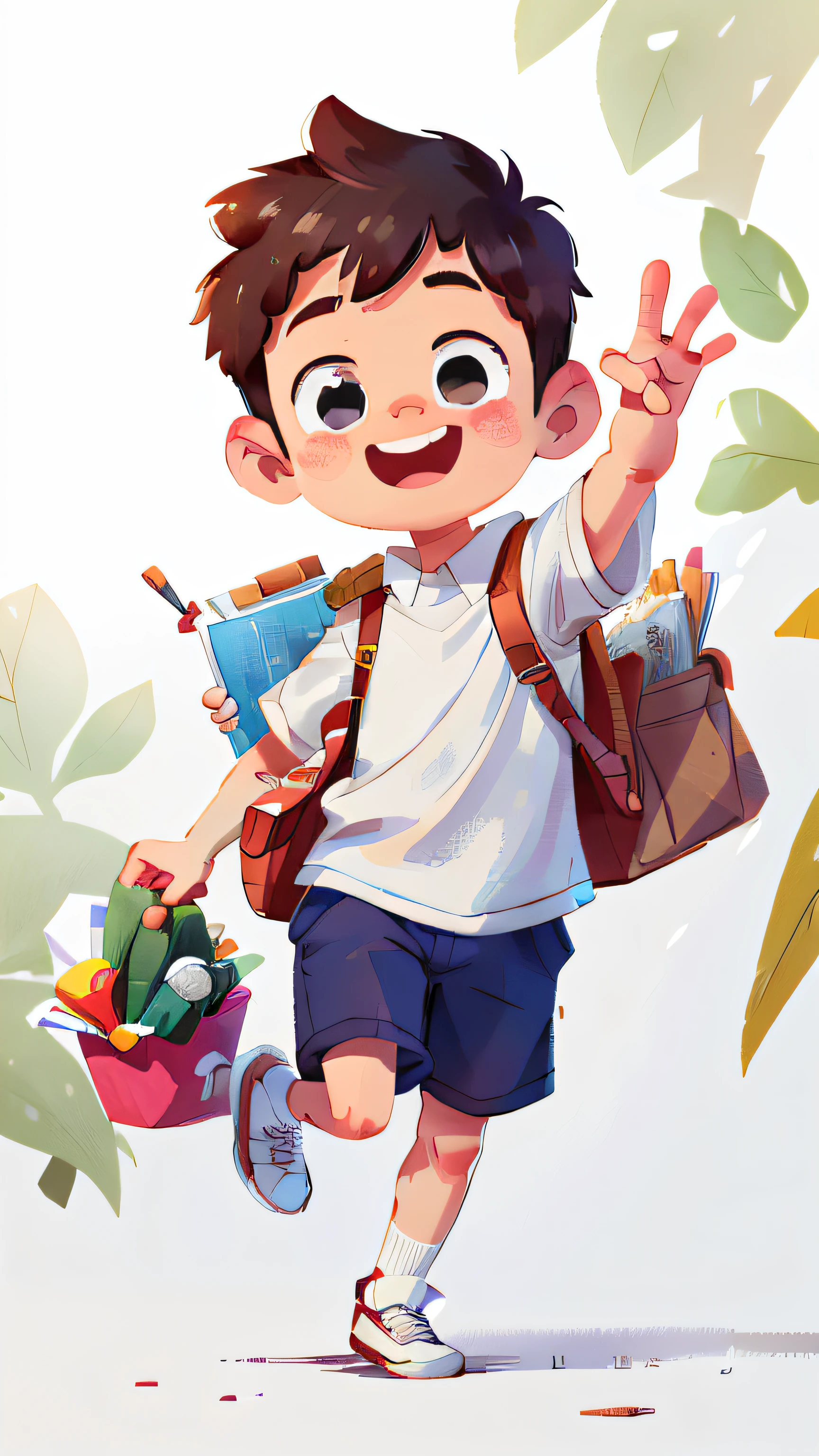 A boy, back to school, white background,
He waves to us (the viewer).
 happy, happy, perfect quality, clear focus (masterpiece: 1.2) (realistic: 1.2) (bokeh) (best quality) (detailed skin: 1.3) (complex details) (8K) (detail eyes) (sharp focus), (happy) full body, clean background,white background, long view composition, 85MM SHOT