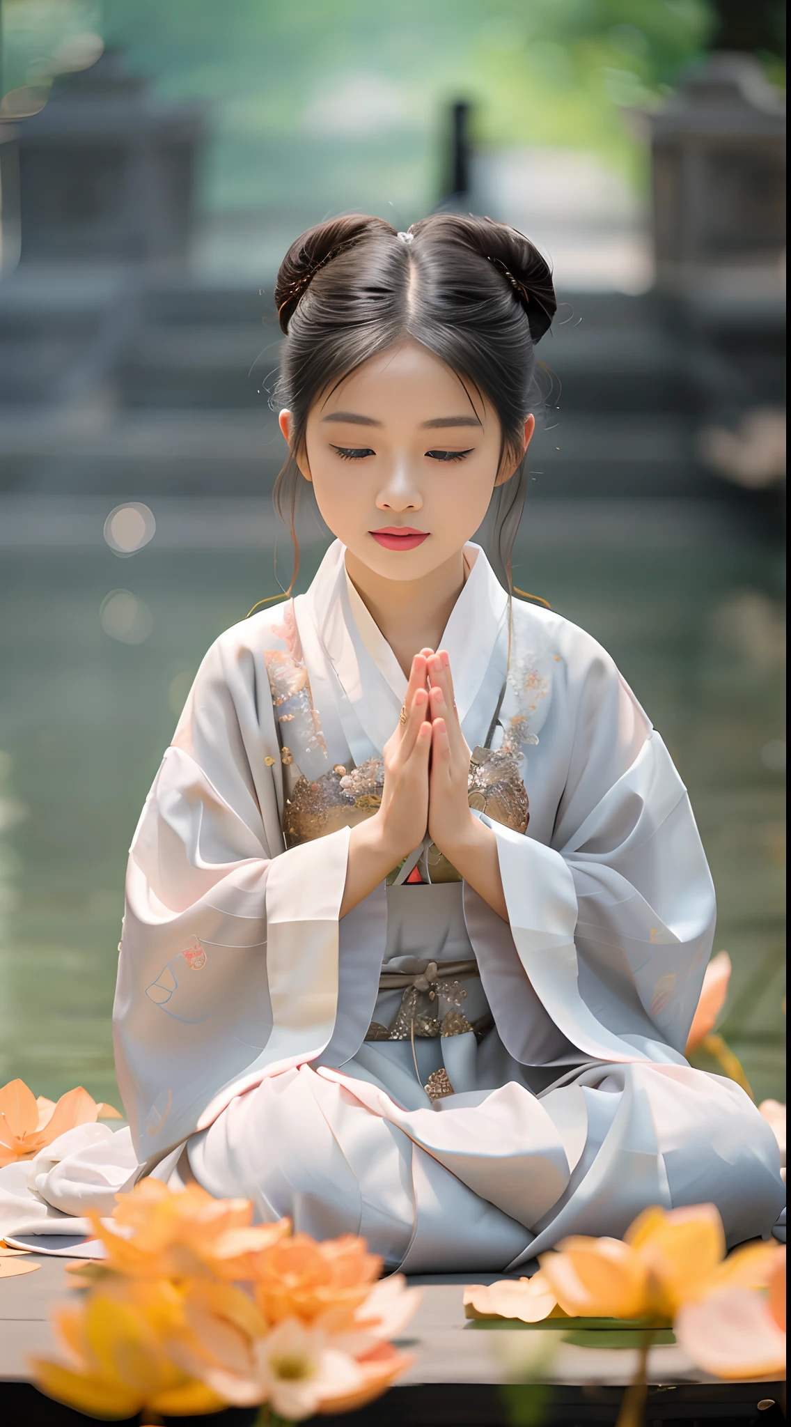 There was a woman sitting in the lotus position,had his hands folded, Palace , A girl in Hanfu, Traditional Chinese clothing, Hanfu, Wearing ancient Chinese clothes, White Hanfu, Chinese girl, Young Asian girl, prayer meditation, dressed in simple robes, praying pose, wearing a long flowing robe, Portrait shooting, blessing hand, Asian girl, wearing a long flowing robe