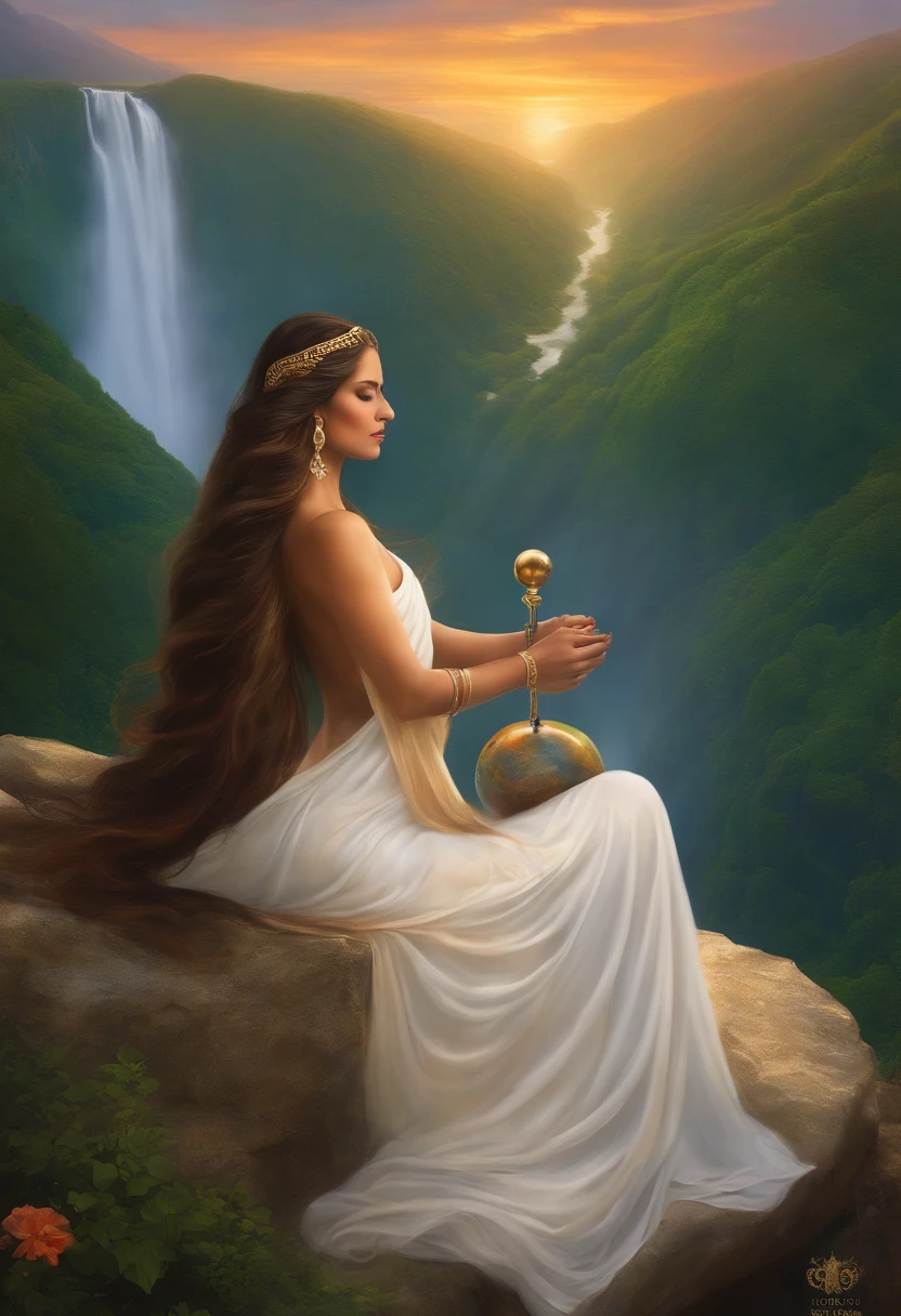 standing on top of a mountain peak, with cascading waterfalls and lush greenery surrounding her. The goddess exudes a radiant aura, her flowing white gown glistening in the sunlight. Her long, flowing hair matches the vibrant colors of the sunset, cascading down her back like molten gold. Her eyes, a piercing shade of indigo, reflect the wisdom of the universe. In one hand, she delicately holds a celestial globe, symbolizing her connection to the cosmos. On the other hand, she carries a staff adorned with intricate carvings of celestial bodies, representing her power and authority. The painting captures the essence of divinity, with soft brush strokes and a flawless blend of vibrant hues. With each stroke, the artist brings to life the ethereal beauty of the goddess, creating a breathtaking masterpiece that encapsulates the divine nature of the world