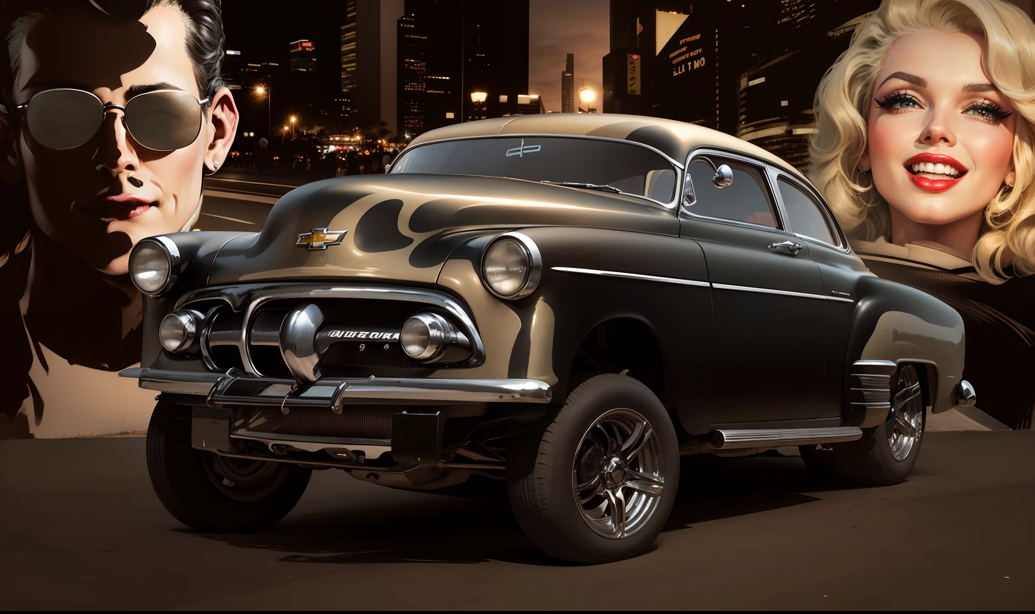 Um Chevrolet PRETO Gasser 1950 em primeiro plano e elegante, Um homem piloto de corridas e linda Marilyn Monroe com cabelos loiro e batom vermelho com a cidade colorida a noite ao fundo