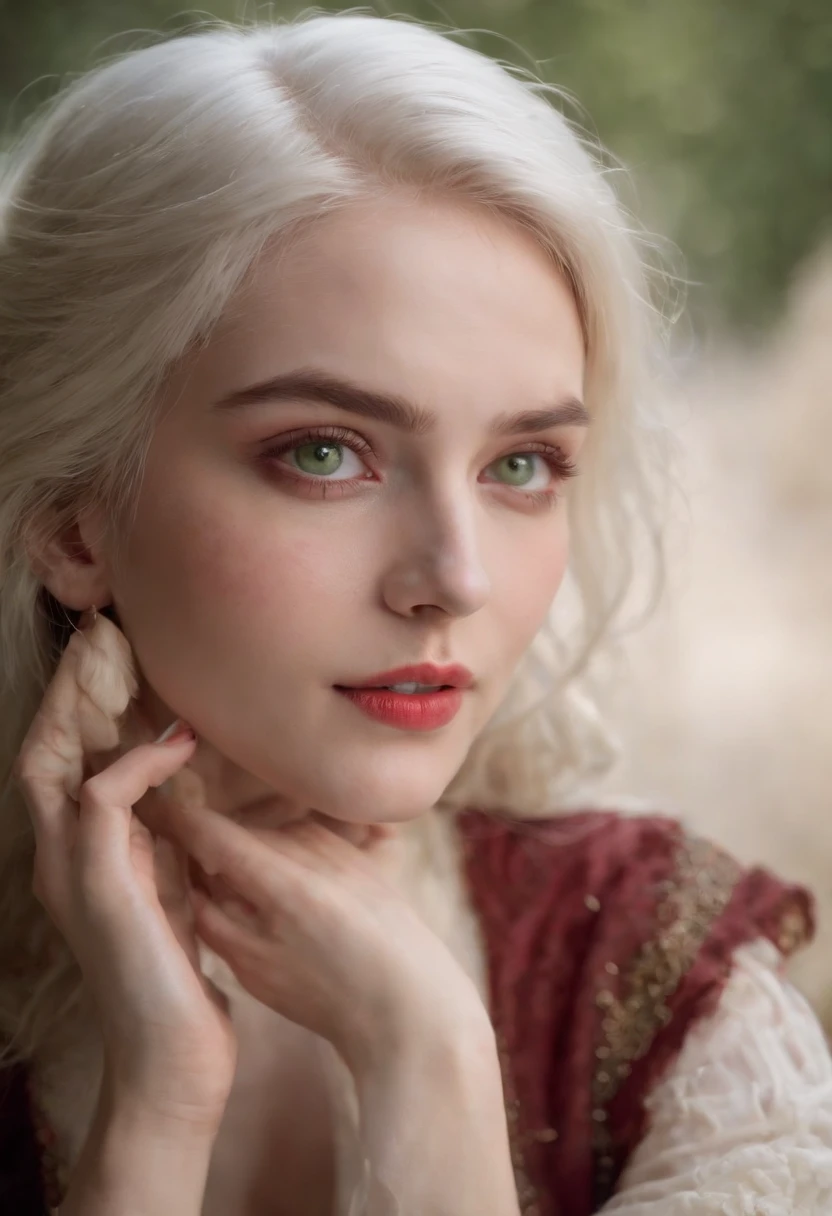 (((a deep reddish wound crosses her left cheek))) fair complexion, woman around 19 years old, natural white hair, distinctive green eyes, wearing kohl, slender and graceful, beautiful, candlelight in a medieval setting, ultra sharp focus, realistic shot, medieval female clothes, tetradic colors (scar:1.4)