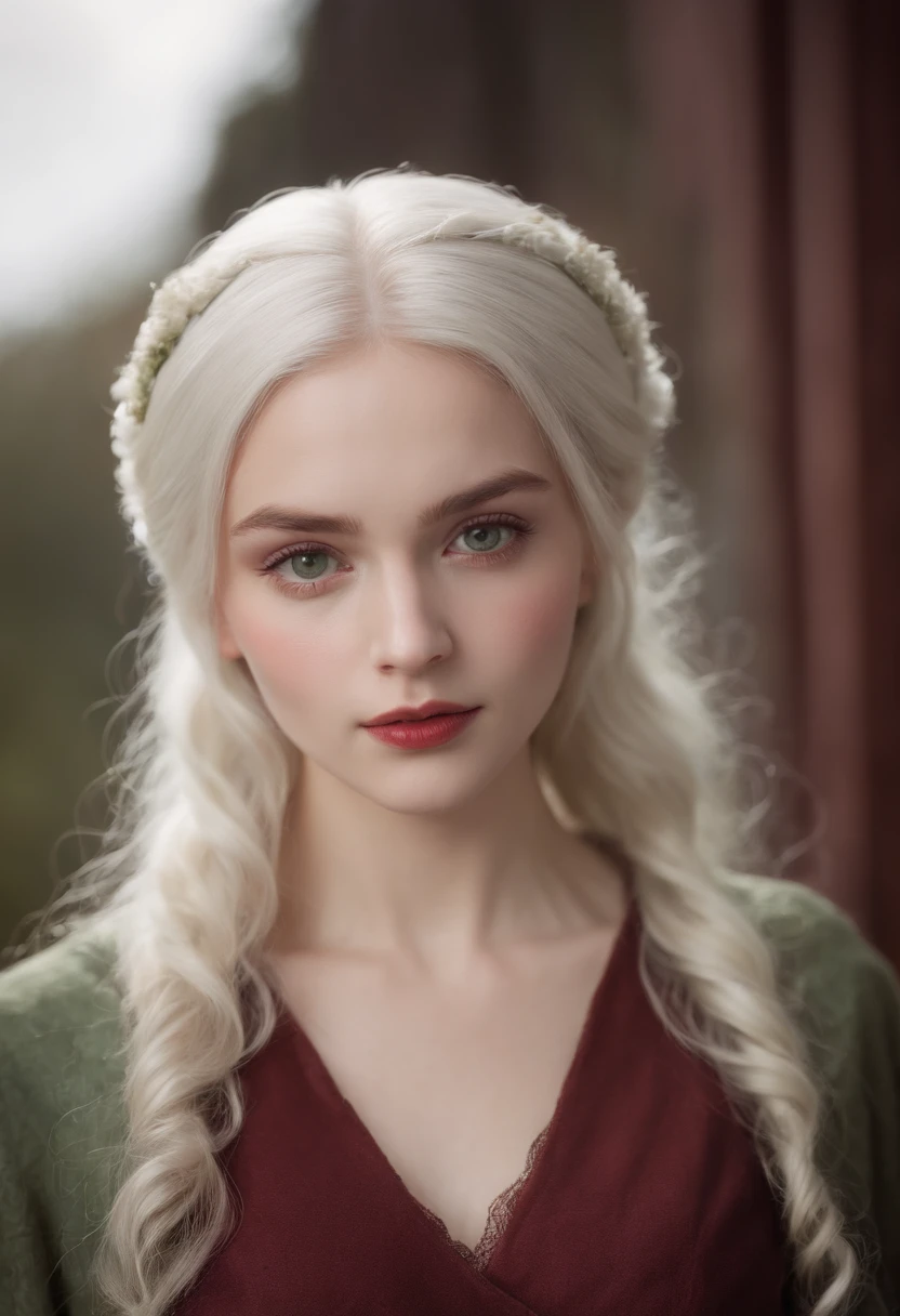 (((a deep reddish wound crosses her left cheek))) fair complexion, woman around 19 years old, natural white hair, distinctive green eyes, wearing kohl, slender and graceful, beautiful, candlelight in a medieval setting, ultra sharp focus, realistic shot, medieval female clothes, tetradic colors (scar:1.4)