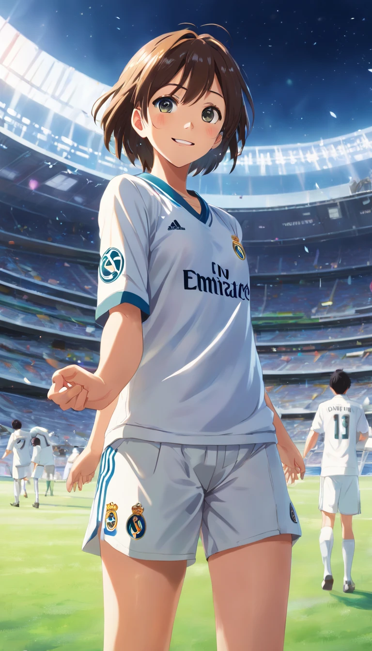 (best quality,4k,ultra-detailed,realistic:1.37),portrait,One Piece hero,Real Madrid fan,wearing Real Madrid jersey,standing in a stadium,facing the camera,with one hand raised and a smile