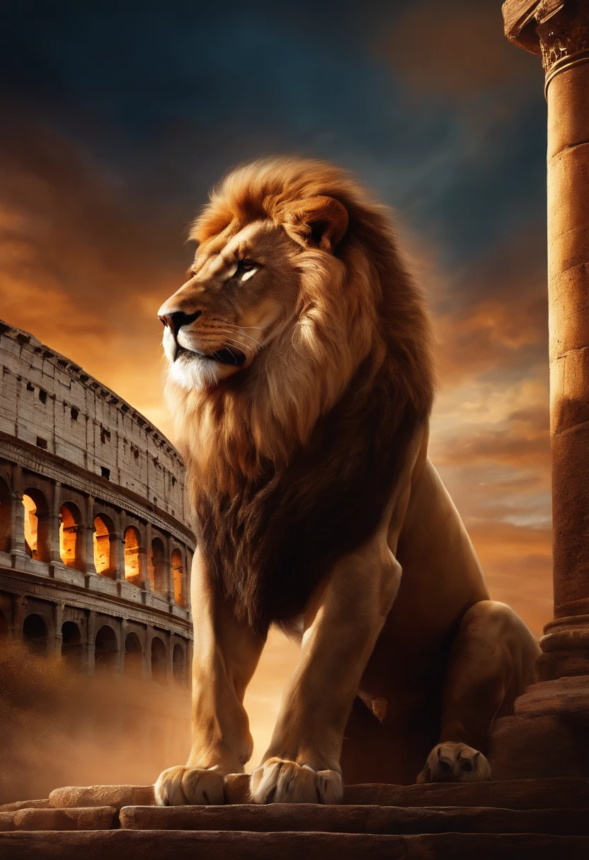 gladiator, lion, Colosseum,illustration,oil painting,high quality,ultra-detailed,realistic,vibrant colors, dramatic lighting