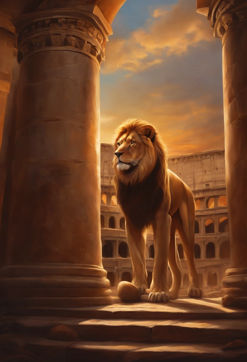 gladiator, lion, Colosseum,illustration,oil painting,high quality,ultra-detailed,realistic,vibrant colors, dramatic lighting