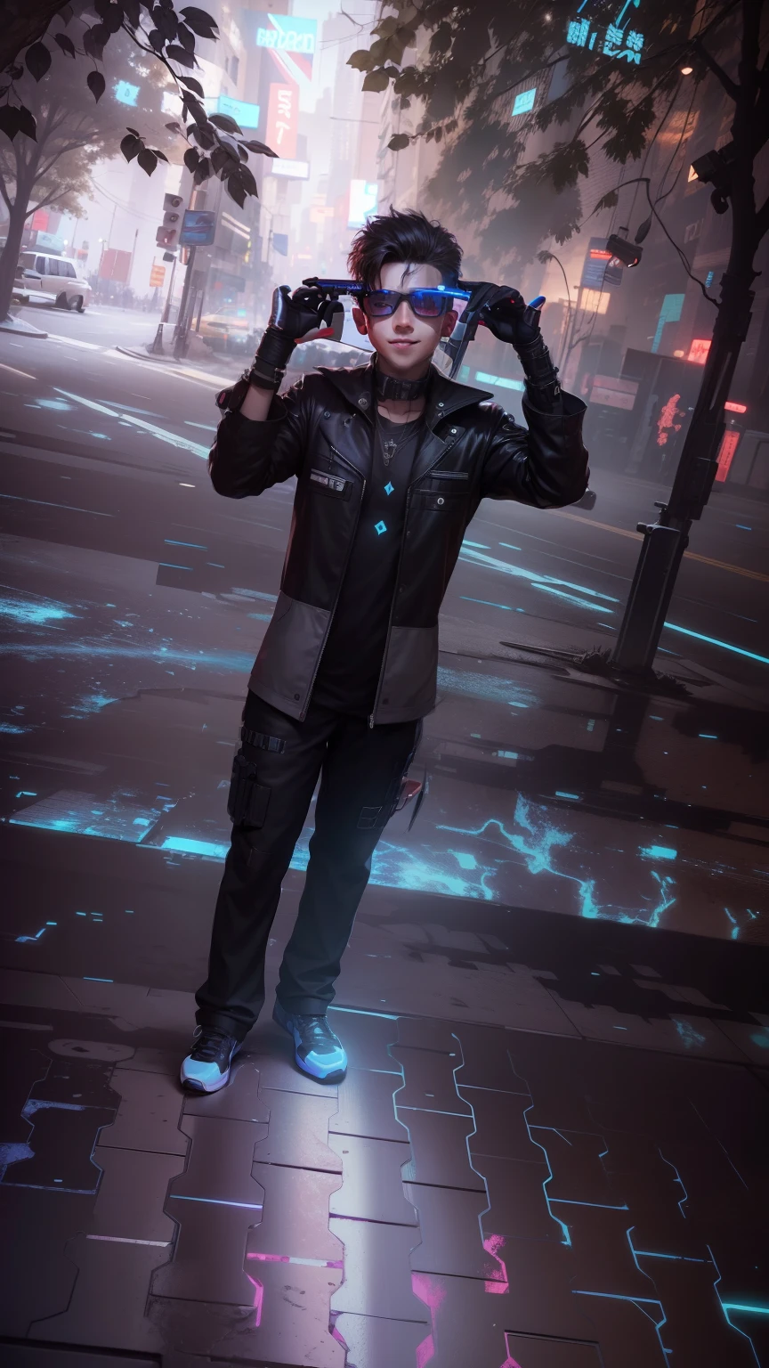 Change background cyberpunk handsome boy, realistic face, 8k, ultra realistic, cute little boy, smile,
