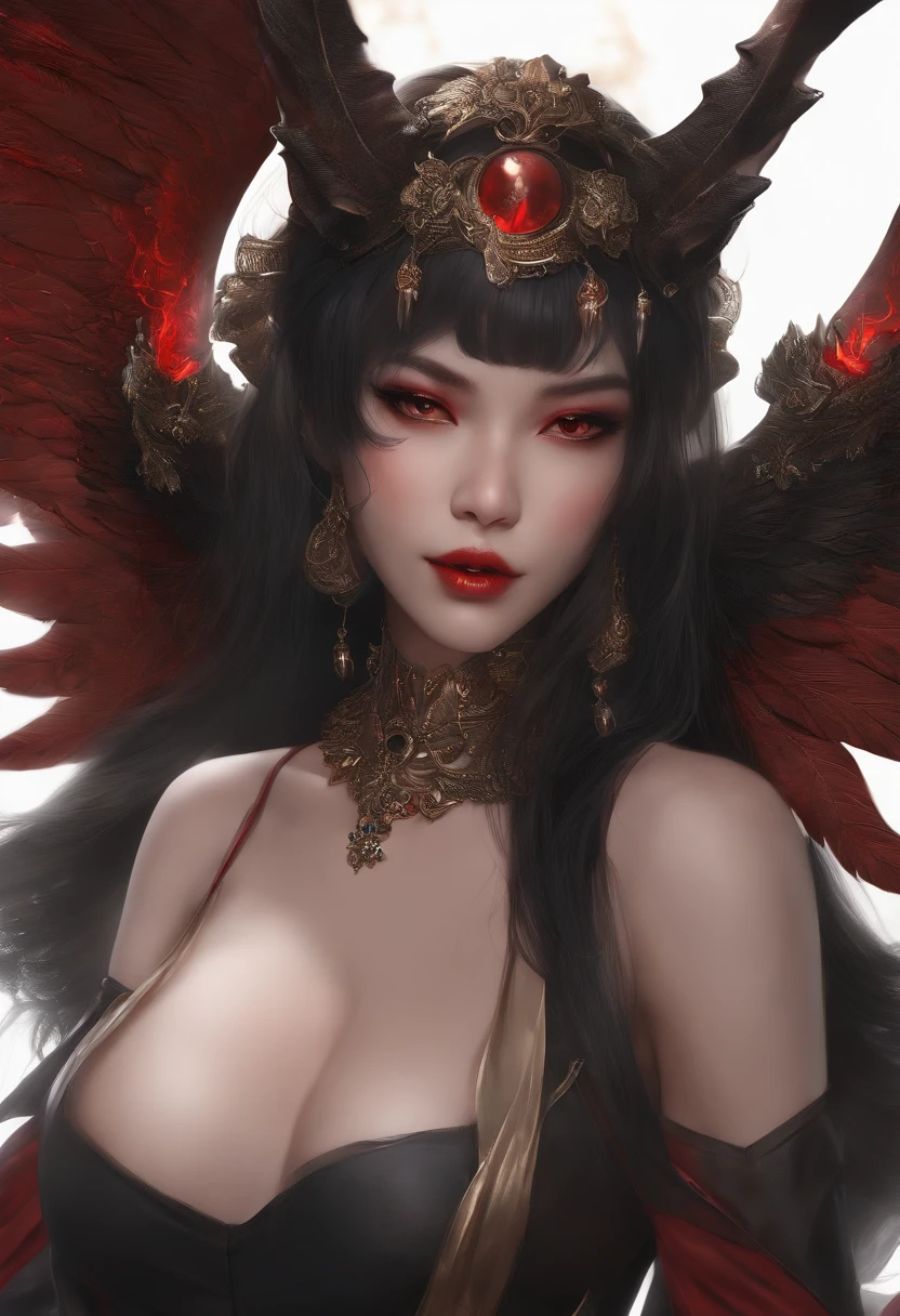 (Masterpiece), (Best quality), (Detailed), Lightweight layer, Glossy glossy skin, (intricately details , tight fit clothes, , Demon wings,hair adornments :1.2), From above, Black hair, Black choker, Long hair, hime-cut, woman, Blunt bangs, side locks, Red eyes, Holding the quarterly method,holding a scythe,holdingsword, (Mature female:1.1), [Uncensored, NSFW, ], side ponytails  (Simple background:1.1),