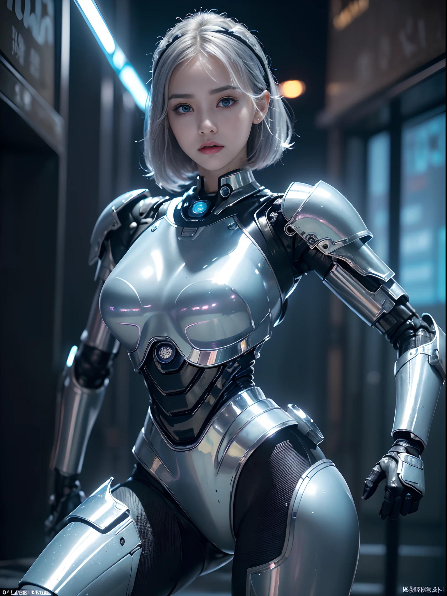 the best ever、8K,(((full body Esbian)))、(((The sheen)))、(((metalic)))、(((Very shiny、Very hard polished iron armor)))、(((cyberpunked)))、The cute beauty of the mecha(Best Quality, Detailed details, masutepiece, Big and wonderful three-dimensional good shape、Bust photos are ultra-realistic and realistic, Highly detailed Hasselblad RAW shooting )、(((Beautiful and shining natural eyes)))、(((Human skin type)))、（((Highly photorealistic human beings)))、(Perfectly round pupils)、(((The details of the iris of the pupil are very amazing)))、(((Shining eyes)))、accurate fingers、Limbs without breakdowns、(((Face of Caucasian 10 year old girl)))、(((Very fair skin)))、Naturally closed mouth、Staring eyes、Natural body、(((a baby face)))、(((Caucasian cool high nose at the base)))、(((Skin types of humane Russian girls)))、(((Very cute female face)))、Feminine body、a small face、(((soft cheeks)))、Looking at the camera、Balanced face、(((drooing eyes)))、(((Beautiful drooping eyes)))、Body with human-like proportions、(((Slightly longer arms)))、(((Slightly longer arms)))、(rather long torso)、(((slightly larger hands)))、human face、(((Glowing blue light blue silver hair)))、(((Cool and cute short-cut hair)))、(((The background is the future)))、(((8 Head Body)))、(((Luminescent light purple eyes)))、(((Thin thin silver eyebrows)))、(((Thin eyebrows)))、(((Looking at this)))、(((Gentle face)))、(((Background Mecha)))、bladerunner、(((RoboCop)))、Ghost in the Shell、tron、Space Detective Gavan、Swat、police officers、(((Night background)))、(((No makeup)))、(((Hollywood Science Fiction Movie Lighting))、(((New York in 5000 AD)))、Height 164cm、Leg length 82cm、the length of the head is 21 cm、,Very subtlyＸan legs、(((Cool pose)))、evangerion、Rei Ayanami、Yuki Nagato、(((murky)))、(((Combat readiness)))、Attack Pose、cyborgs、Artificial human、（((Extremely elaborate joints)))、(((Light blue silver eyelashes)))、(((very thin eyebrows)))、(((very brightly colored eyebrows)))、Precise and precise five-fingered hand、(((Cute round shortcut hair)))