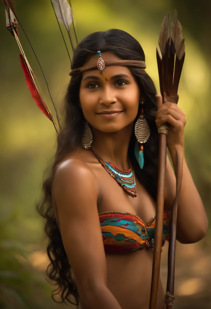 The naked Aboriginal girl smiled holding a bow and arrow