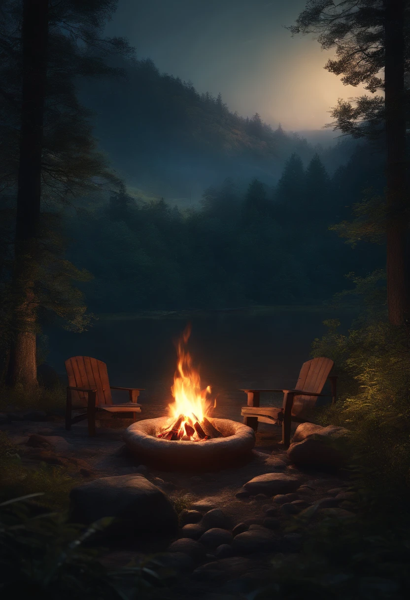 landscape, Summer, Night, forest, Campfire in one place, unmanned, nobody, Starry sky, HD Detail, Ultra Detail, movie, Hyper-Realism, Soft light, Deep focus bokeh, Ray tracing, Hyper-Realism. , Art Station Pixiv Gees, By Shinkai Makoto, Art Germ