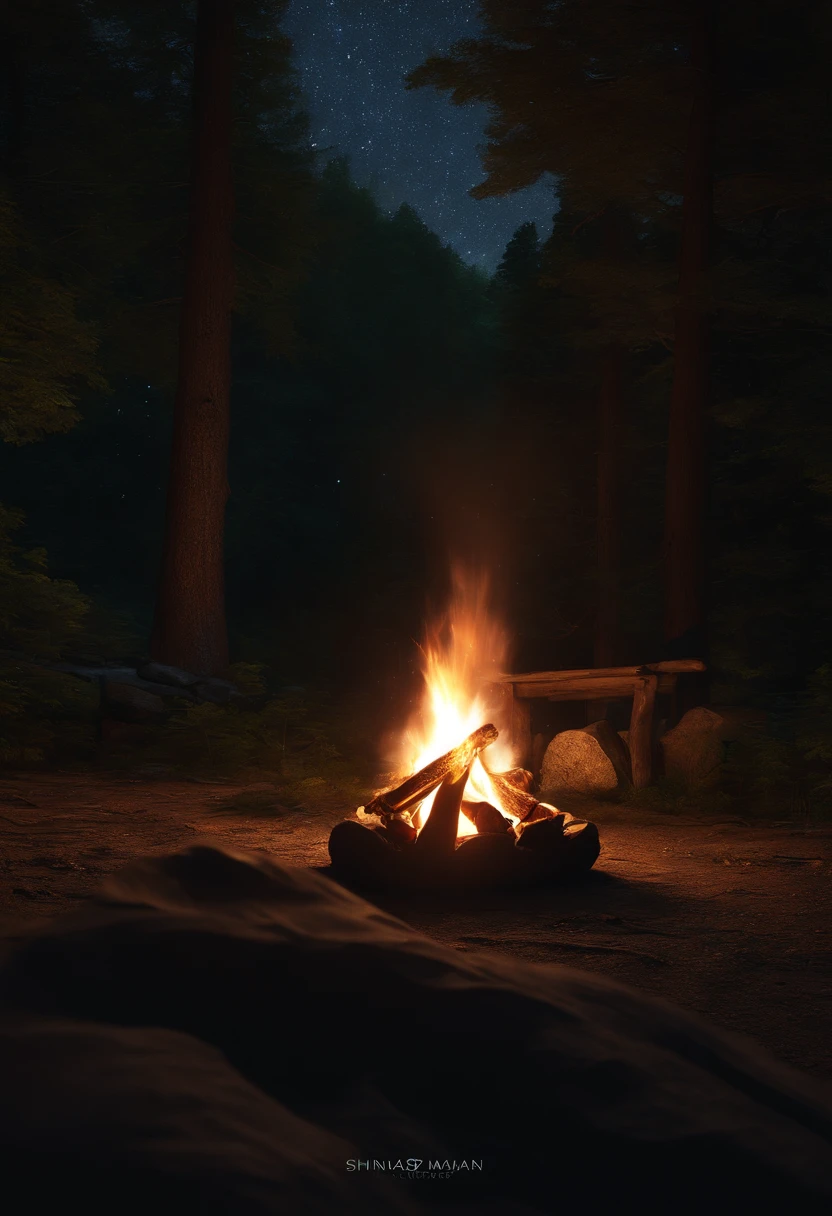 landscape, Summer, Night, forest, Campfire in one place, unmanned, nobody, Starry sky, HD Detail, Ultra Detail, movie, Hyper-Realism, Soft light, Deep focus bokeh, Ray tracing, Hyper-Realism. , Art Station Pixiv Gees, By Shinkai Makoto, Art Germ