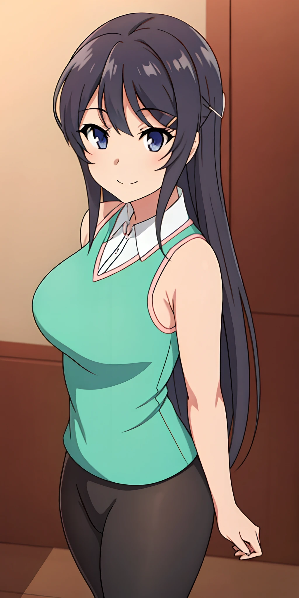 女の子1人,von vorne,mid large breasts,arms behind back,stehend im Wohnzimmer,Perfect Body,sweet smile, enges, Sleeveless tank top,leggins,Breasts pressed together
