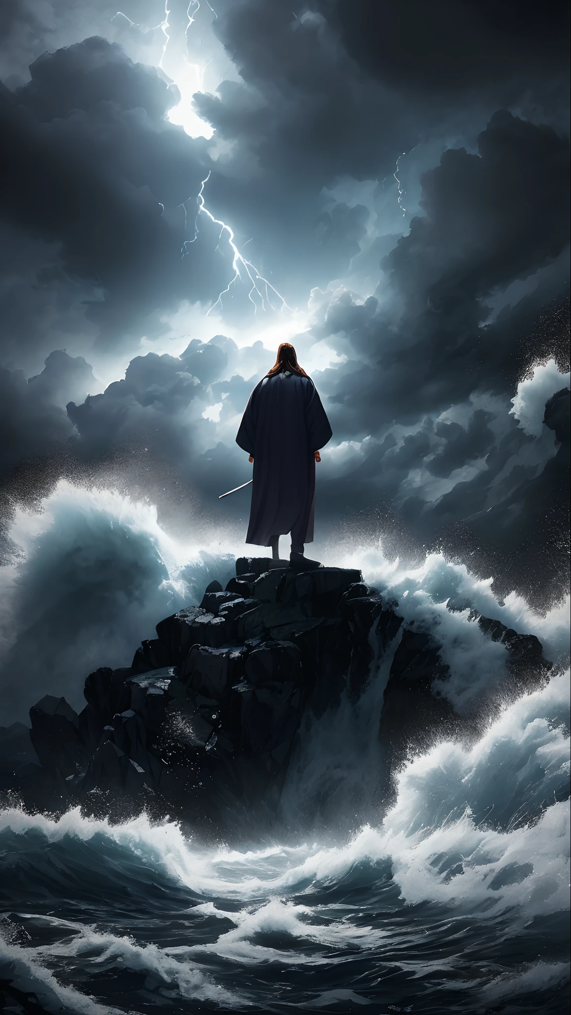jesus walking on water in a storm, masterpiece, best quality, high quality, extremely detailed CG unit 8k wallpaper, award winning photography, Bokeh, Depth of Field, HDR, bloom, Chromatic aberration, photorealistic, extremely detailed, trending on artstation, trending on CGsociety, intricate, high detail, dramatic, mid-journey art, volumetric lighting