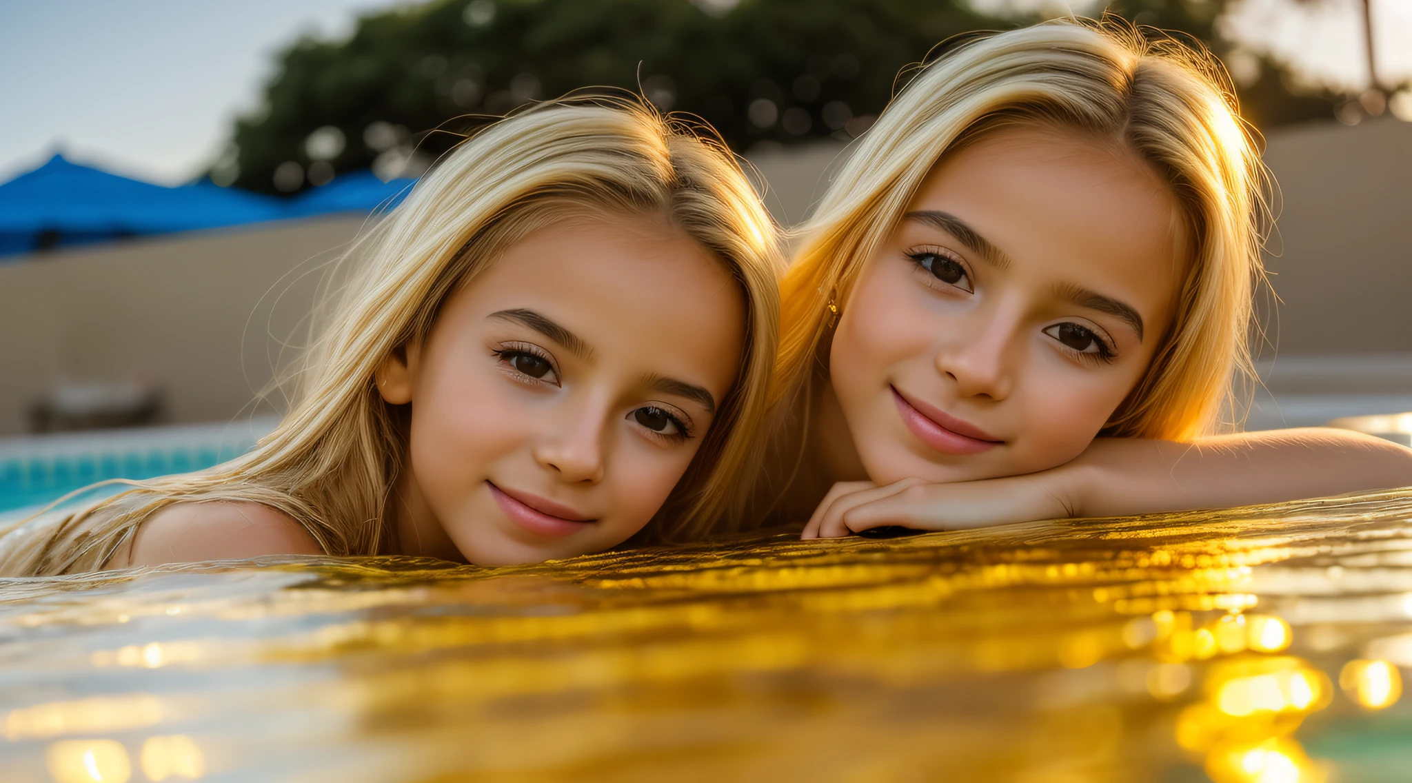 girls, BLONDE LONG HAIR com um capuz vermelho, There is a yellow roof with a swimming pool and a sunset, ouro cintilante, brilho dourado, hora de ouro brilhante, gold refractions off water, ouro brilhante, luz dourada, brilho dourado, brilhante, liquid gold, golden hour lighting, brilhando, dourado brilhante, brilho dourado, Hora de Ouro, morning golden hour, formas douradas