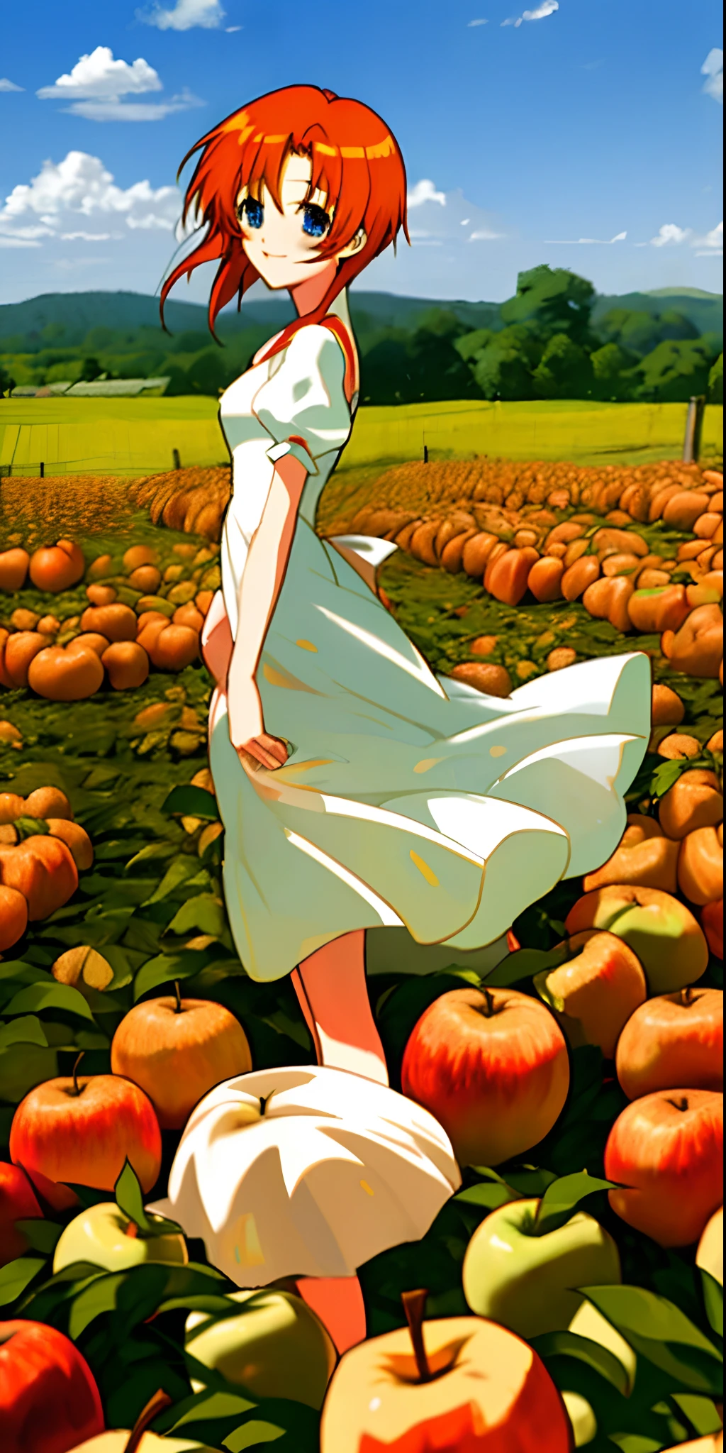 ryuuguu_rena, orange hair, blue eyes, white dress, short dress, sweet apple acres, orchard, farm, happy, solo