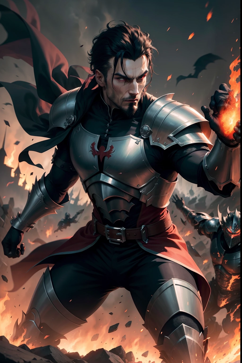 Create an electrifying action-type cover illustration featuring Dracula in his twenties, his short black hair full character, clad in formidable knight armor. Place him in the midst of a dynamic battle scene, surrounded by desctruction and fire.