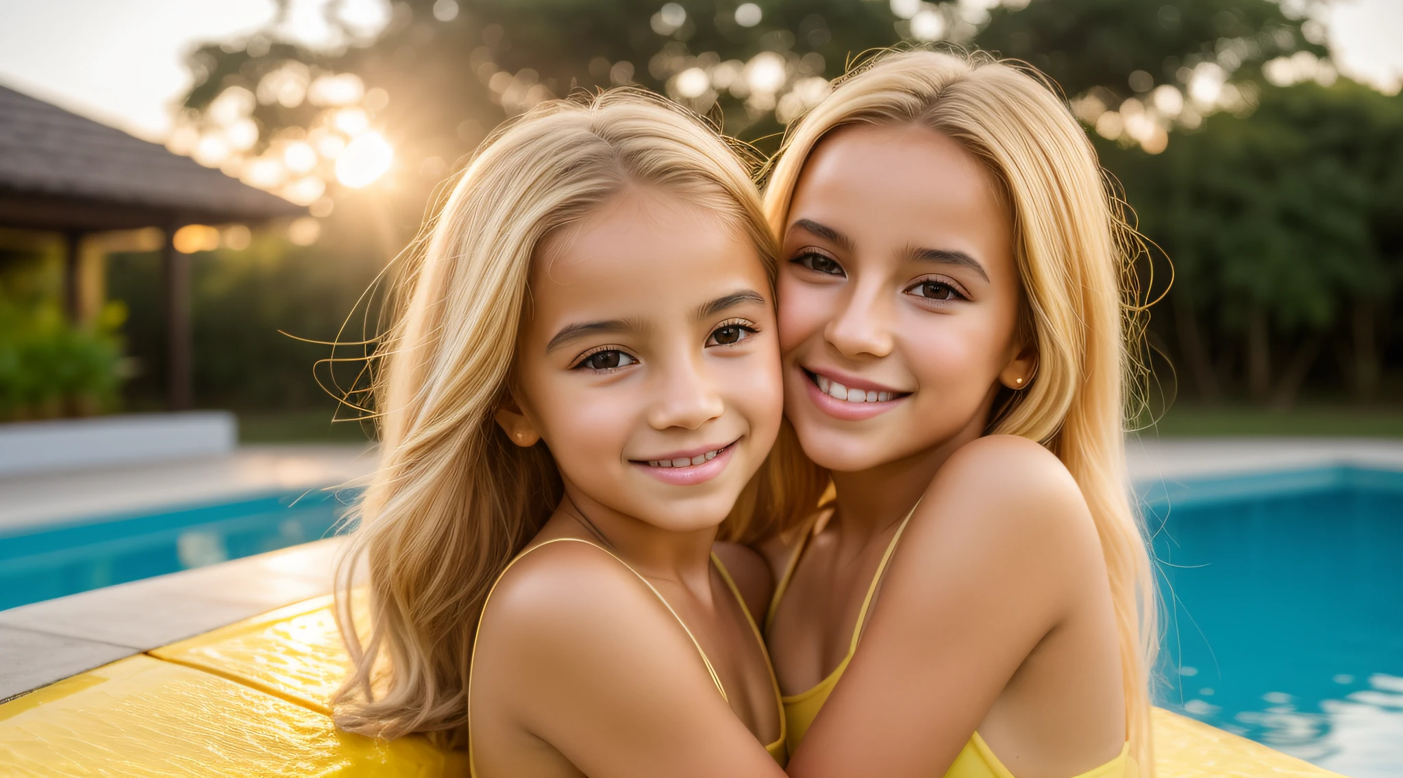 children girls, BLONDE LONG HAIR com um capuz vermelho, There is a yellow roof with a swimming pool and a sunset, ouro cintilante, brilho dourado, hora de ouro brilhante, gold refractions off water, ouro brilhante, luz dourada, brilho dourado, brilhante, liquid gold, golden hour lighting, brilhando, dourado brilhante, brilho dourado, Hora de Ouro, morning golden hour, formas douradas