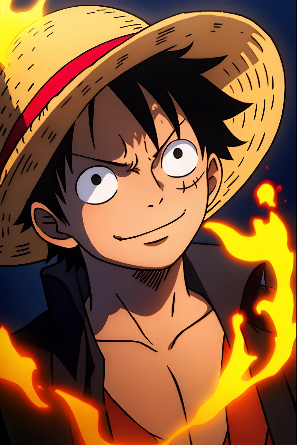 1boy, wanostyle, monkey d luffy, smiling, straw hat, looking at viewer, solo, upper body, ((masterpiece)), (best quality), (extremely detailed), depth of field, sketch, dark intense shadows, sharp focus, soft lighting, hdr, colorful, good composition, fire all around, spectacular, closed shirt, anime screencap, scar under eye, ready to fight, black eyes