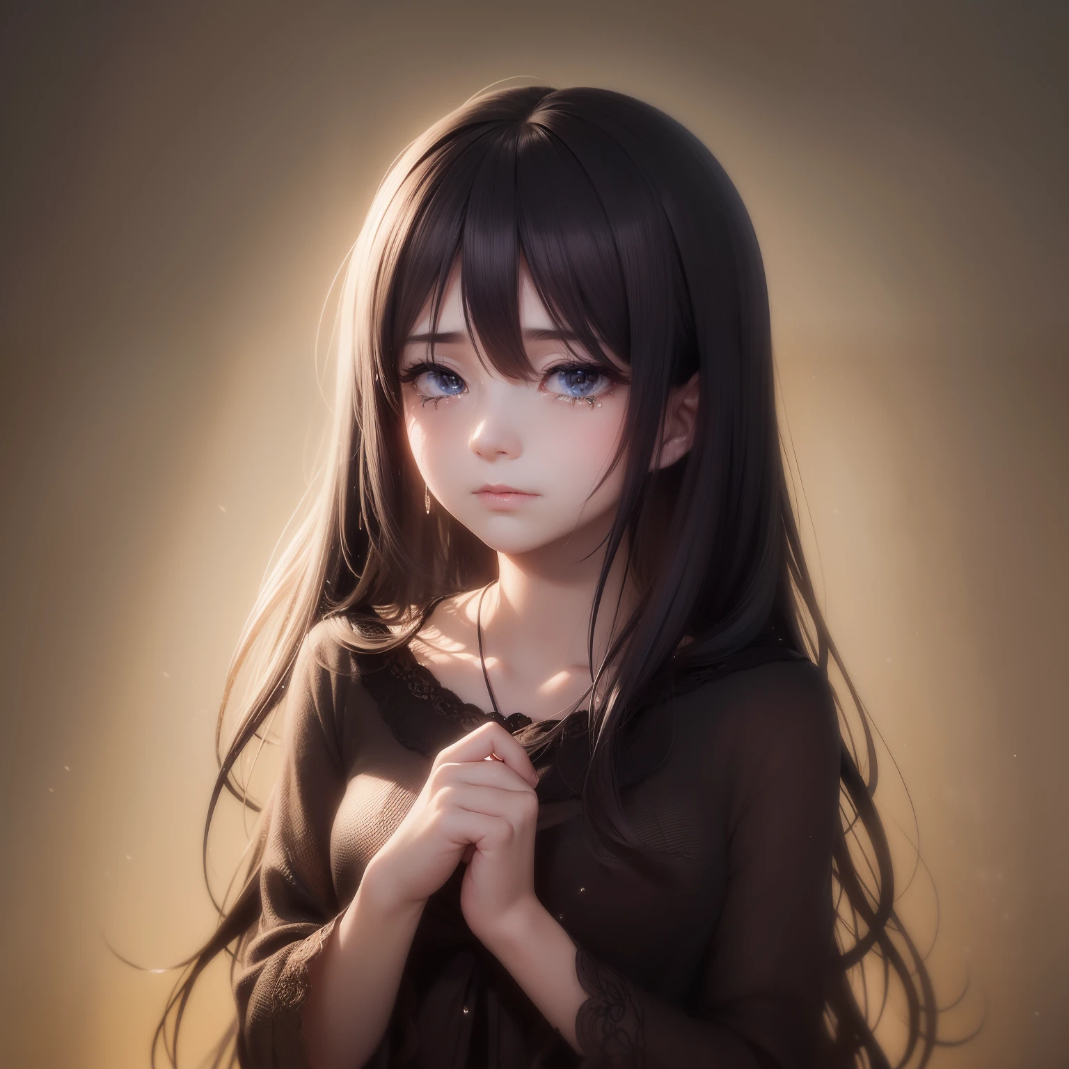 (sadness:1.2),(Nostalgia:1.1),Beautiful, Exquisite shadow puppetry, Tears flowed gently down her face, Dark and long hair, Dark and dramatic background, Feeling crying, An expression full of strong emotions.