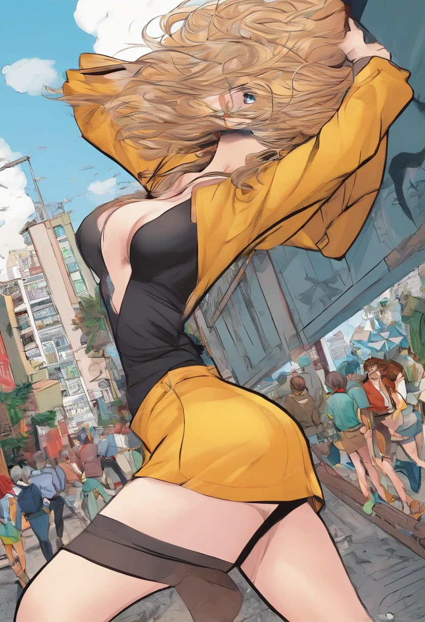 Rear view, wind is so strong that her skirt is flying up violently., embarrassed and anxious high school girl, skirt rolled up, ［no panties］, ［naked butt］