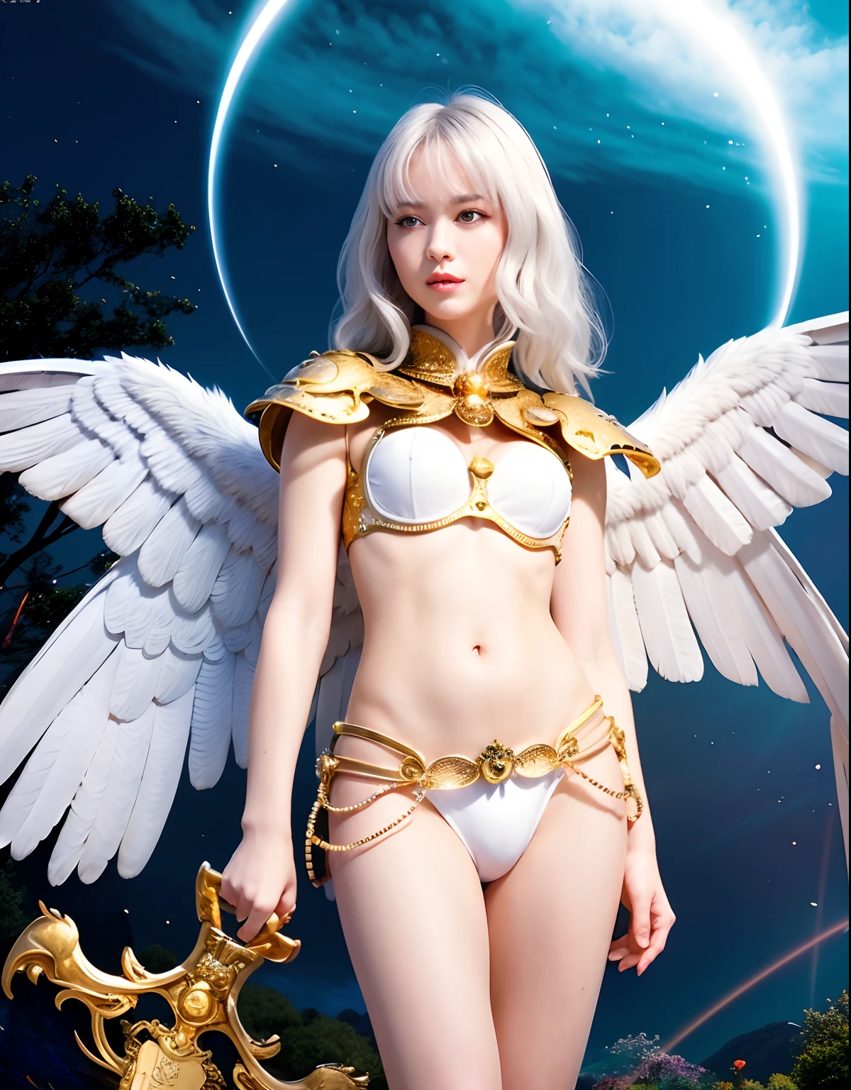 Professional , ​masterpiece、top-quality、photos realistic , depth of fields 、（White bikini armor)、（Particles of light）、Jewel Gold Weapon、Particles of light),Gorgeous gold weapons ,（（ Gorgeous Dragon Sword）） , （White angel wings grow）,（maikurobikini） 、（（White hair））、（Castle background）、（（Gangle's forest background））、Beautiful Caucasian beauty、１a person、dynamic ungle,(((A small ring of light floating overhead)))、Smaller head、Idle Smile、Thin and beautiful female hands、Mystical expression、Light Effects、intense fighting、Wind-effect、magic circles、（White angel wings grow）、