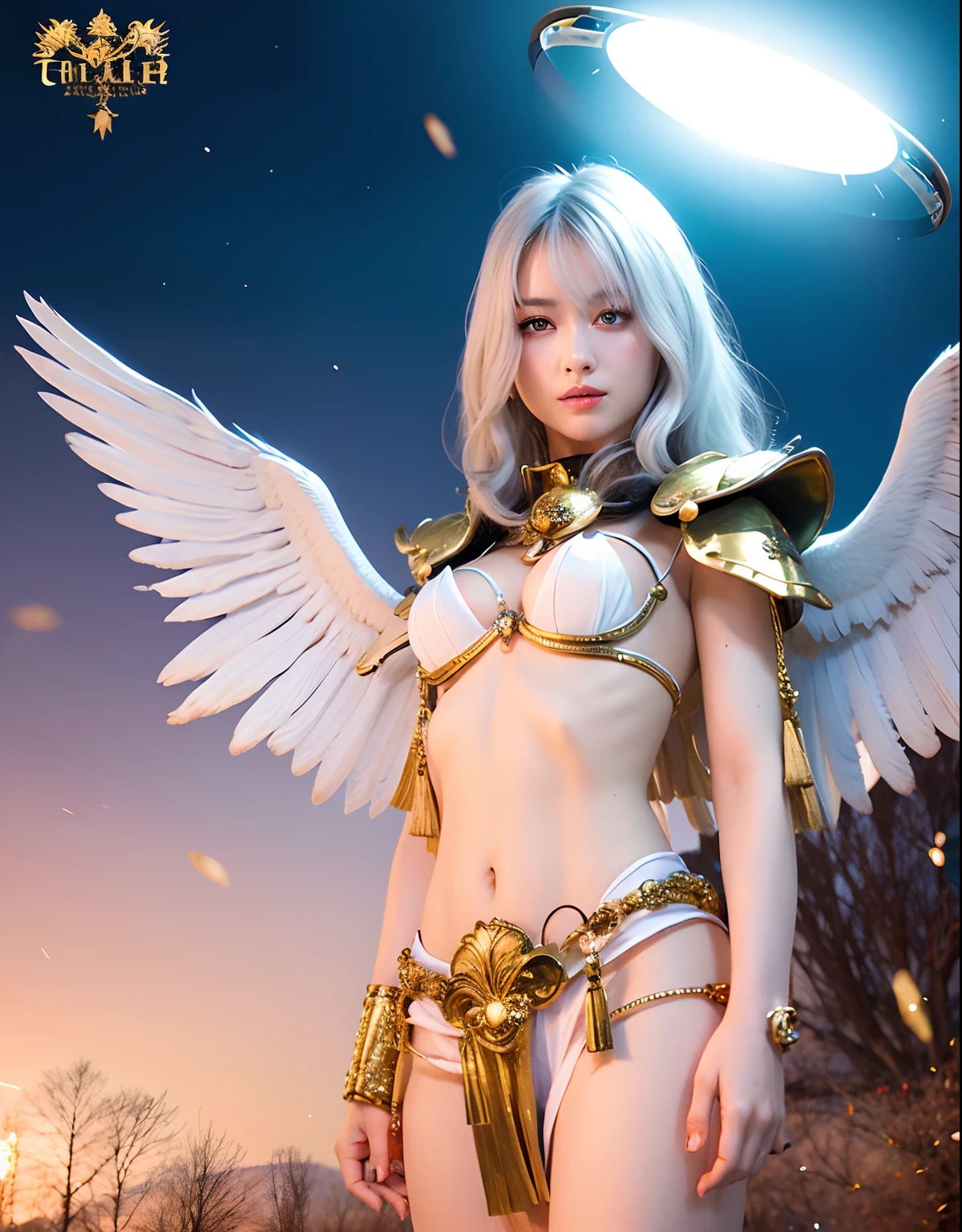 Professional , masterpiece、top-quality、photos realistic , depth of fields 、(White bikini armor)、(Particles of light)、Jewel Gold Weapon、Particles of light),Gorgeous gold weapons ,(( Gorgeous Dragon Sword)) , (White angel wings grow),(maikurobikini) 、((White hair))、(Castle background)、((Gangle's forest background))、Beautiful Caucasian beauty、1a person、dynamic ungle,(((A small ring of light floating overhead)))、Smaller head、Idle Smile、Thin and beautiful female hands、Mystical expression、Light Effects、intense fighting、Wind-effect、magic circles、(White angel wings grow)、