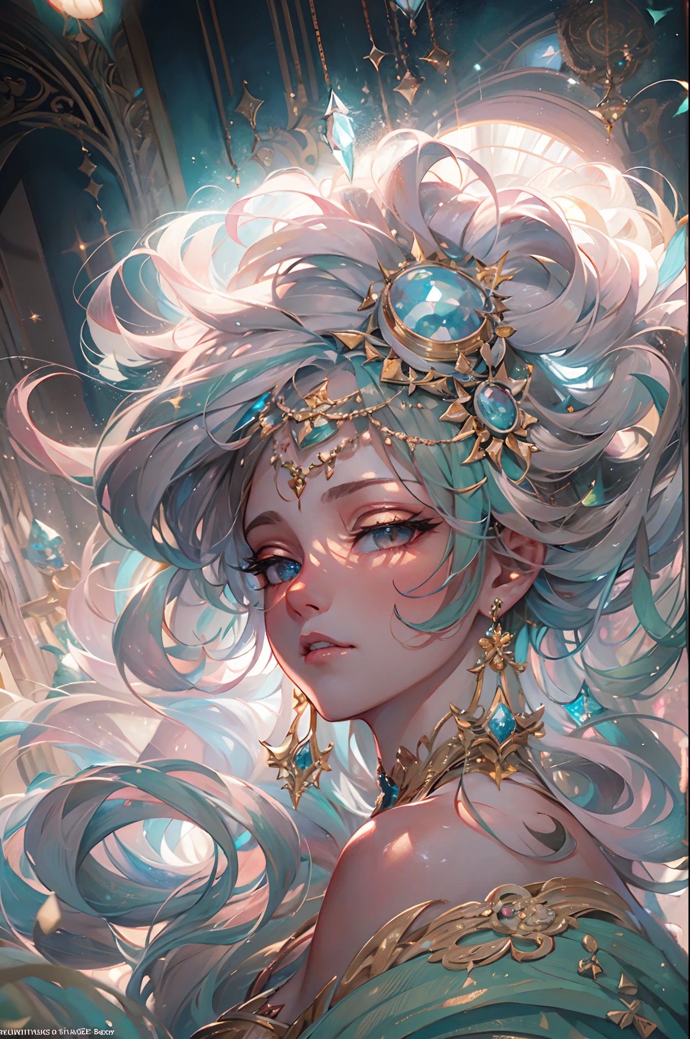 (senti:Fantastic) Woman with beautiful jewels shining with twinkling light. A woman who exudes divinity like a goddess. A new world is reflected in the jewel. The background is black and shimmering.effect///Fluffy pastel colors.fine brushes,(XF 35mm F1 key.4 R,F1.4,Maximum aperture,become blunt:1.5) Rough, detailed watercolour, soft and fantastic, pastel, Fluffy, (extremely fine and beautiful), (Perfect Detail)、(pastel color),Soft texture:1.2.(masutepiece, Best Quality), (finely detailed beautiful eye), (finely detailed eyes and detailed face),The tones are also visibly luminous.Pale blurred contours,Unobtrusive lighting, moody atmosphere,subtle highlights