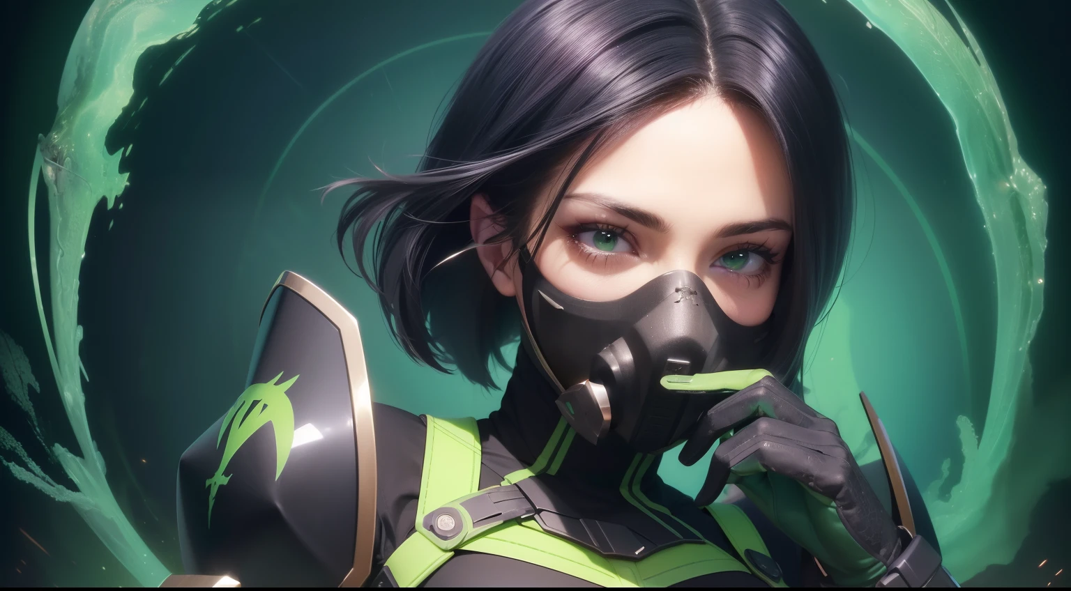 insane details, beautifully color-graded, Unreal engine, Depth of field, extra high resolution, megapixel, Cinematic Lightning, Smoothing, insanely detailed and intricate , Hyper maximalist, hyper realistic, volumetric, Photorealistic, ultra photorealistic, ultra- detailed, intricate details, 8K, Super detailed , Full color, voluminous lighting, HDR, Realistic, Unreal engine, 16k, sharp-focus, Octane Render, RTX. Incredibly detailed faces, Incredible fingers, Unbelievable eyes, Incredible hair, Incredible hands ((( Free postures, sexuality ))) (( brightly, brightly:1,3 , color corrected )) (( Good, ssmile )) ((( Rotated to the right ))) (( big breastes)) (( in clothes )), tmasterpiece, ( venom, Green, tmasterpiece ) (( Respirator face mask )) (( green eye color ))