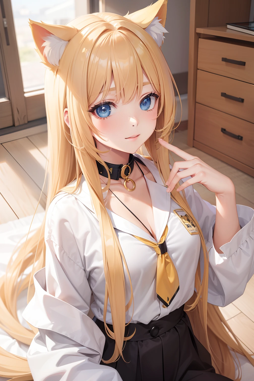 Masterpiece，highest  quality，1girll，cat ear，yellow long hair，outside