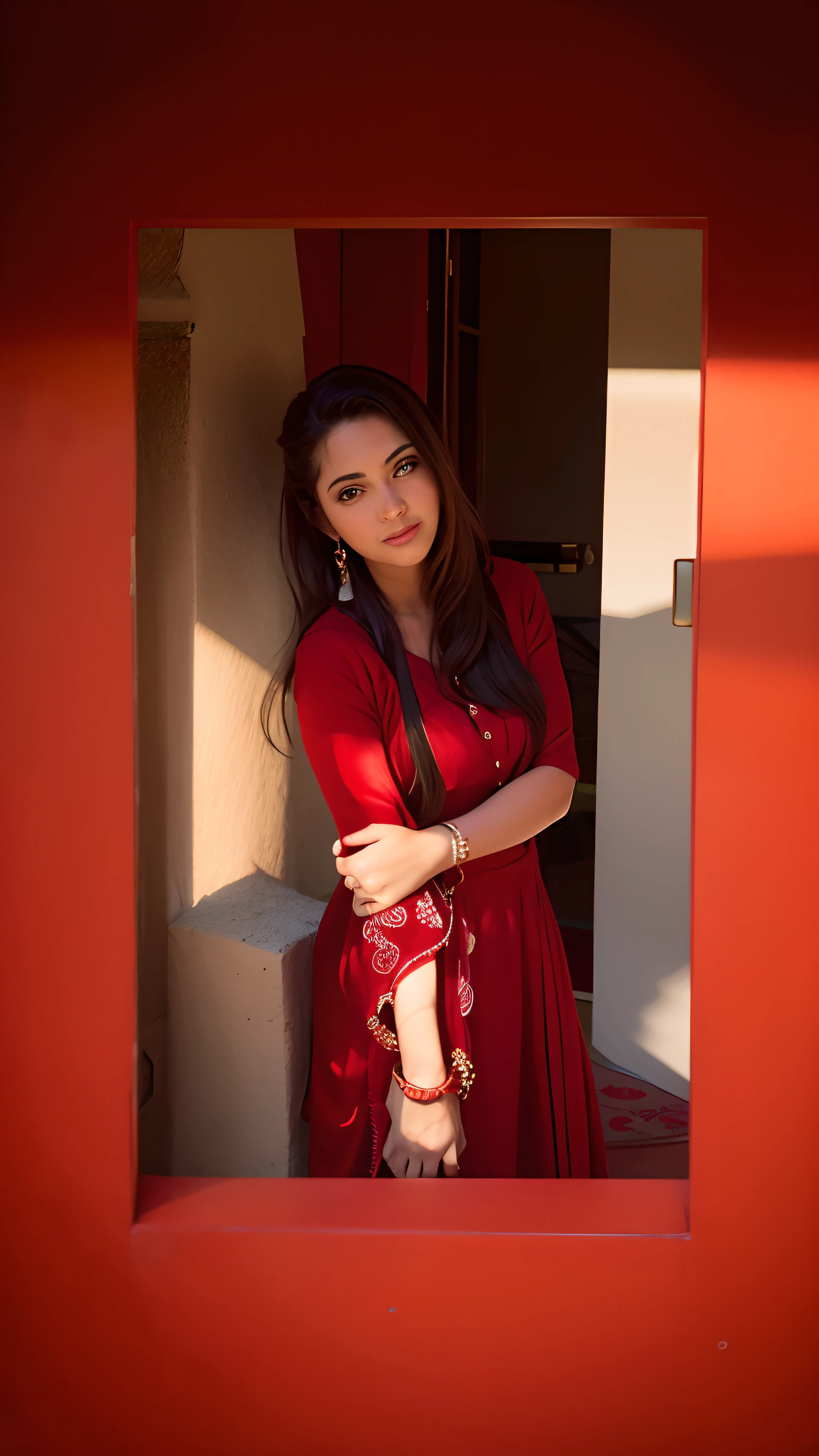 a close up of a woman in a red dress standing in front of a door, with lovely look, very extremely beautiful, profile pic, attractive girl, profile image, very beautiful, candid picture, beutifull, profile picture, traditional beauty, very beautiful girl, wearing red attire, very very beautiful, * colour splash *, beautiful girl, beutiful