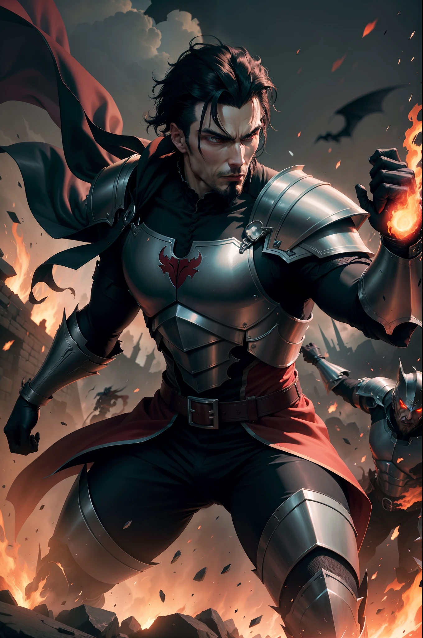 Create an electrifying action-type cover illustration featuring Dracula in his twenties, his short black hair full character, clad in formidable knight armor. Place him in the midst of a dynamic battle scene, surrounded by desctruction and fire.