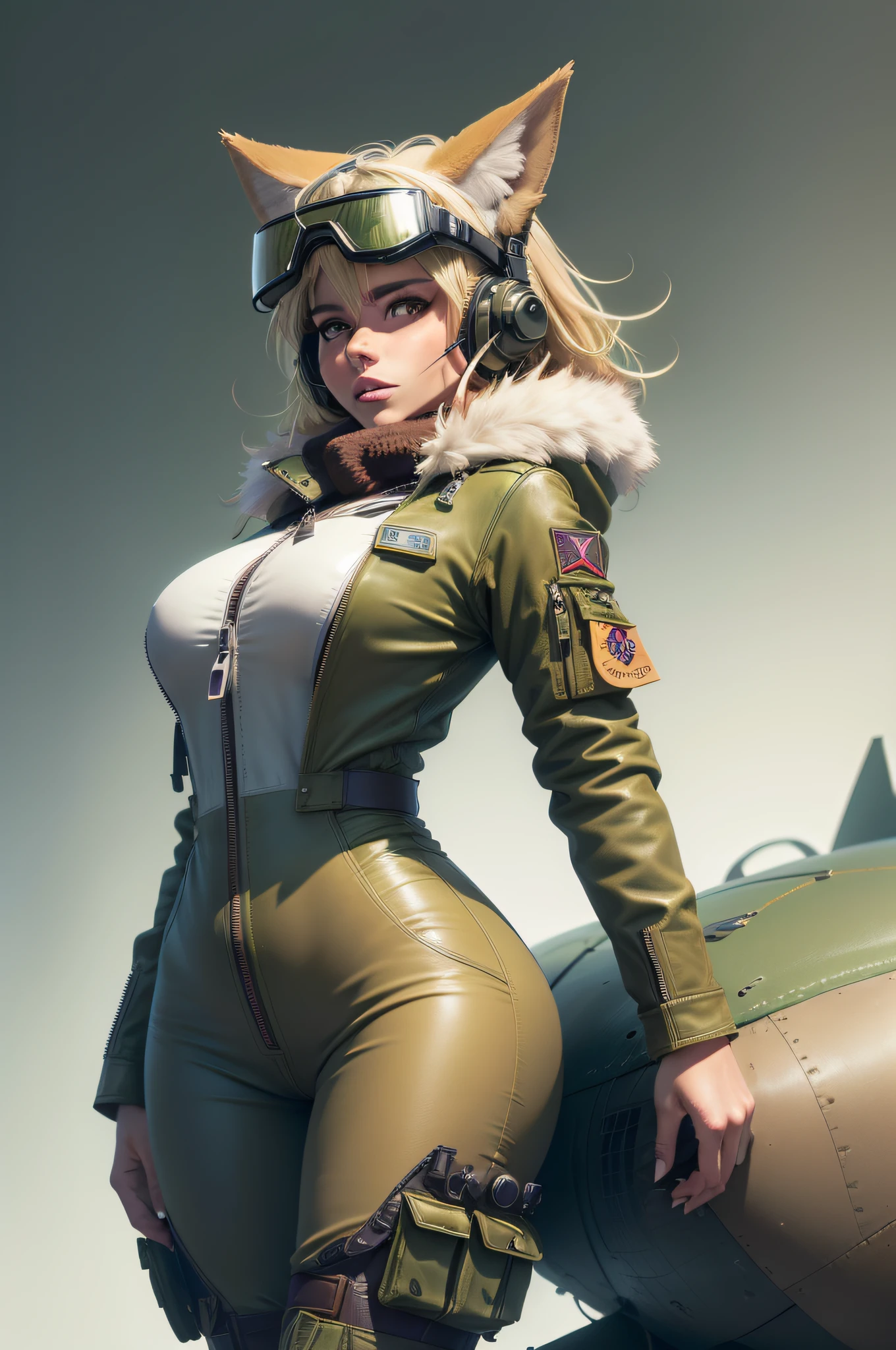 a funny ((coyote female)), (pure beauty), ((pretty detailed face)), wearing a world war 2 pilot jacket (leather), green ((pilot suit)) with zipper, and (pilot goggles), david clark headset (green), sexy, ((blonde hair)), full body, 80s atmosphere, fur, (fur ears), fur tail, (looking at camera), 8k, ((high resolution)), very detailed, ultra hd, ((white background))