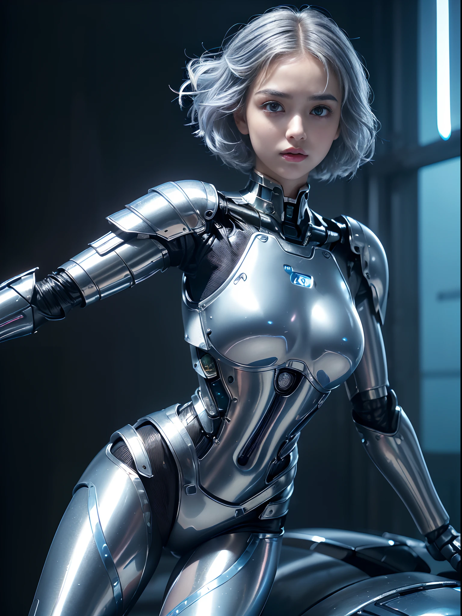 the best ever、8K,(((full body Esbian)))、(((The sheen)))、(((metalic)))、(((Very shiny、Very hard polished iron armor)))、(((cyberpunked)))、The cute beauty of the mecha(Best Quality, Detailed details, masutepiece, Big and wonderful three-dimensional good shape、Bust photos are ultra-realistic and realistic, Highly detailed Hasselblad RAW shooting )、(((Beautiful and shining natural eyes)))、(((Human skin type)))、(((Highly photorealistic human beings)))、(Perfectly round pupils)、(((The details of the iris of the pupil are very amazing)))、(((Shining eyes)))、accurate fingers、Limbs without breakdowns、(((Face of Caucasian 10 year old girl)))、(((Very fair skin)))、Naturally closed mouth、Staring eyes、Natural body、(((a baby face)))、(((Caucasian cool high nose at the base)))、(((Skin types of humane Russian girls)))、(((Very cute female face)))、Feminine body、a small face、(((soft cheeks)))、Looking at the camera、Balanced face、(((drooing eyes)))、(((Beautiful drooping eyes)))、Body with human-like proportions、(((Slightly longer arms)))、(((Slightly longer arms)))、(rather long torso)、(((slightly larger hands)))、human face、(((Glowing blue light blue silver hair)))、(((Cool and cute short-cut hair)))、(((The background is the future)))、(((8 Head Body)))、(((Luminescent light purple eyes)))、(((Thin thin silver eyebrows)))、(((Thin eyebrows)))、(((Looking at this)))、(((Gentle face)))、(((Background Mecha)))、bladerunner、(((RoboCop)))、Ghost in the Shell、tron、Space Detective Gavan、Swat、police officers、(((Night background)))、(((No makeup)))、(((Hollywood Science Fiction Movie Lighting))、(((New York in 5000 AD)))、Height 164cm、Leg length 82cm、the length of the head is 21 cm、,Very subtlyXan legs、(((Cool pose)))、evangerion、Rei Ayanami、Yuki Nagato、(((murky)))、(((Combat readiness)))、Attack Pose、cyborgs、Artificial human、(((Extremely elaborate joints)))、(((Light blue silver eyelashes)))、(((very thin eyebrows)))、(((very brightly colored eyebrows)))、Precise and precise five-fingered hand、(((Cute round shortcut hair)))