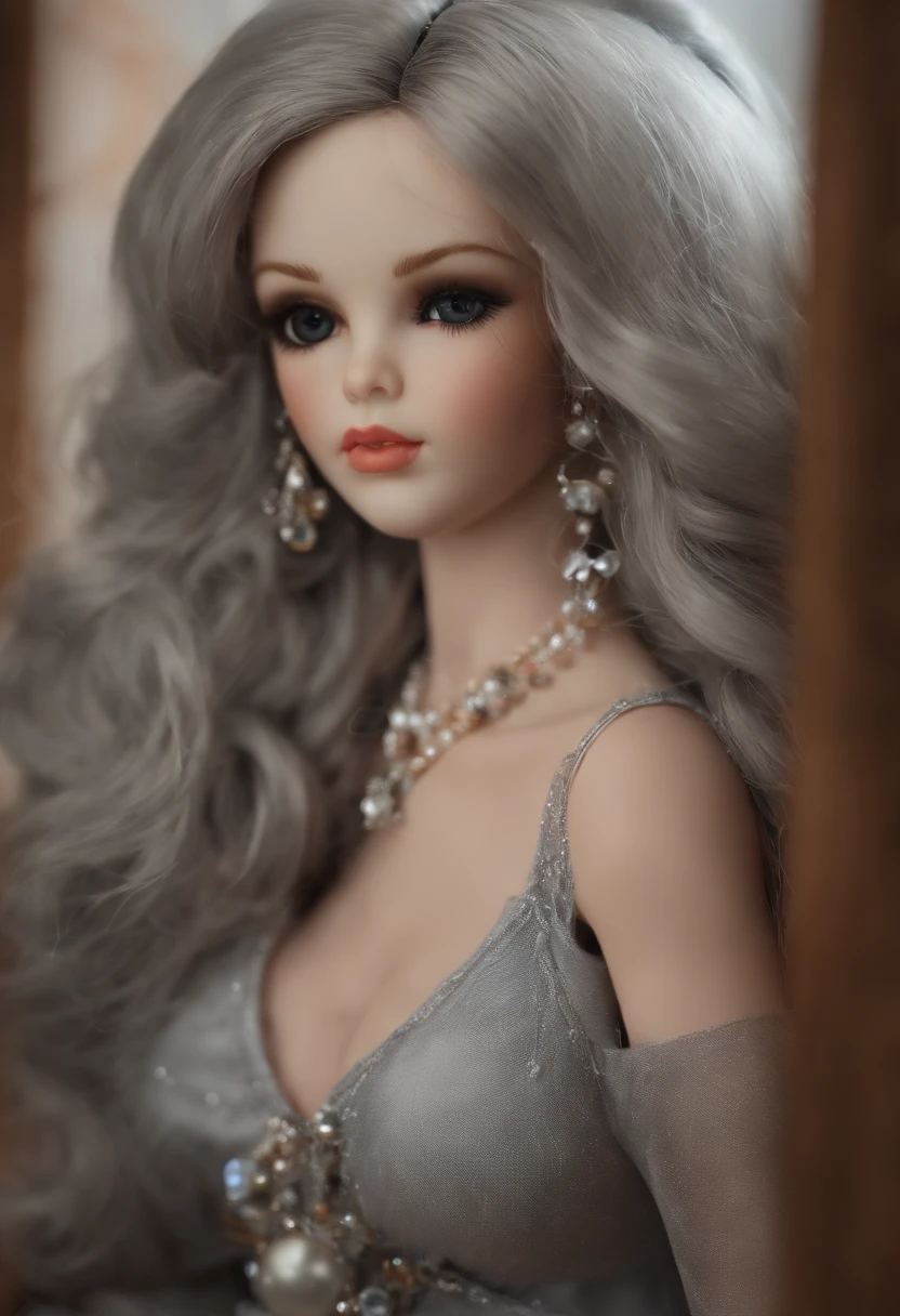 (Realistic painting style:0.9), Masterpiece, Best quality, absurderes, view the viewer, Solo, (Gray baby doll:1.5), bronya zaychik, Red pupils, Large breasts, Long hair, whaite hair, bangs, With gray eyes, Earrings, Drill hair, hair between eye, hair adornments, (dolls:1.3), See-through, Bed, Expressionless