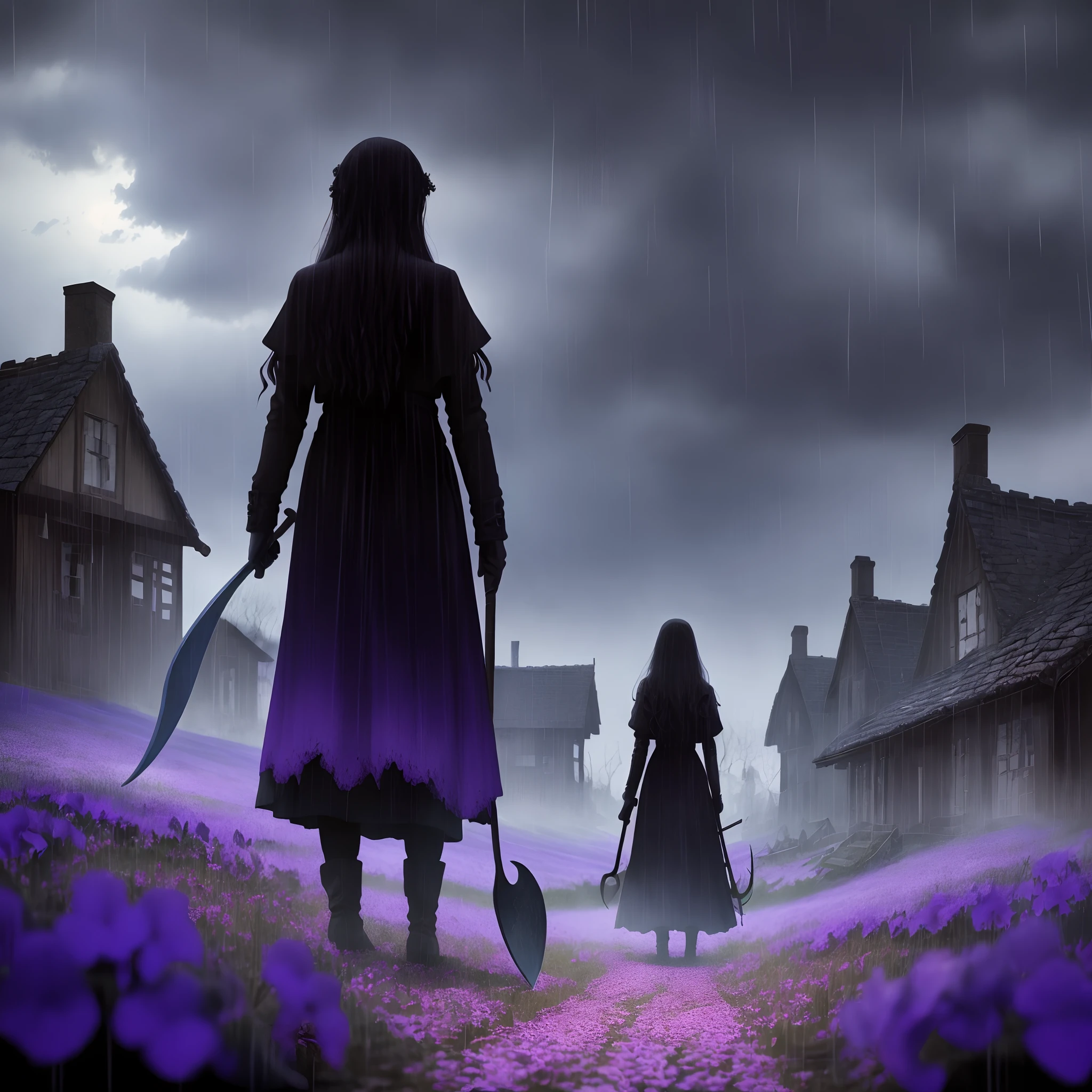 Maiden standing behind the burning village while holding a violet scythe under the raining blue twilight