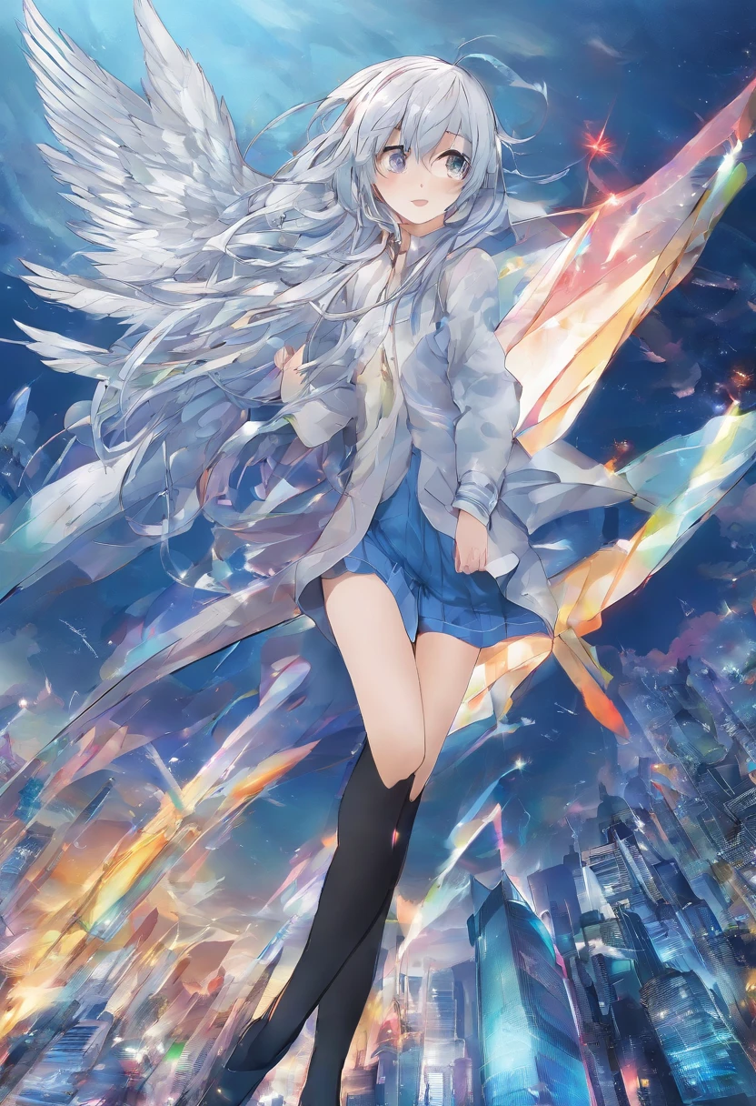 Ark of Tomorrow,Stand on the roof,Long blue hair blown up by the wind,Wear overcoat shorts,There are black leg loops on the legs,Blue eyes,Look down at the camera in your hand,There is a faint aura on the top of the head,The back does not have very bright wings,Low saturation,The viewing angle is heads-up,A scene seen from a distance
