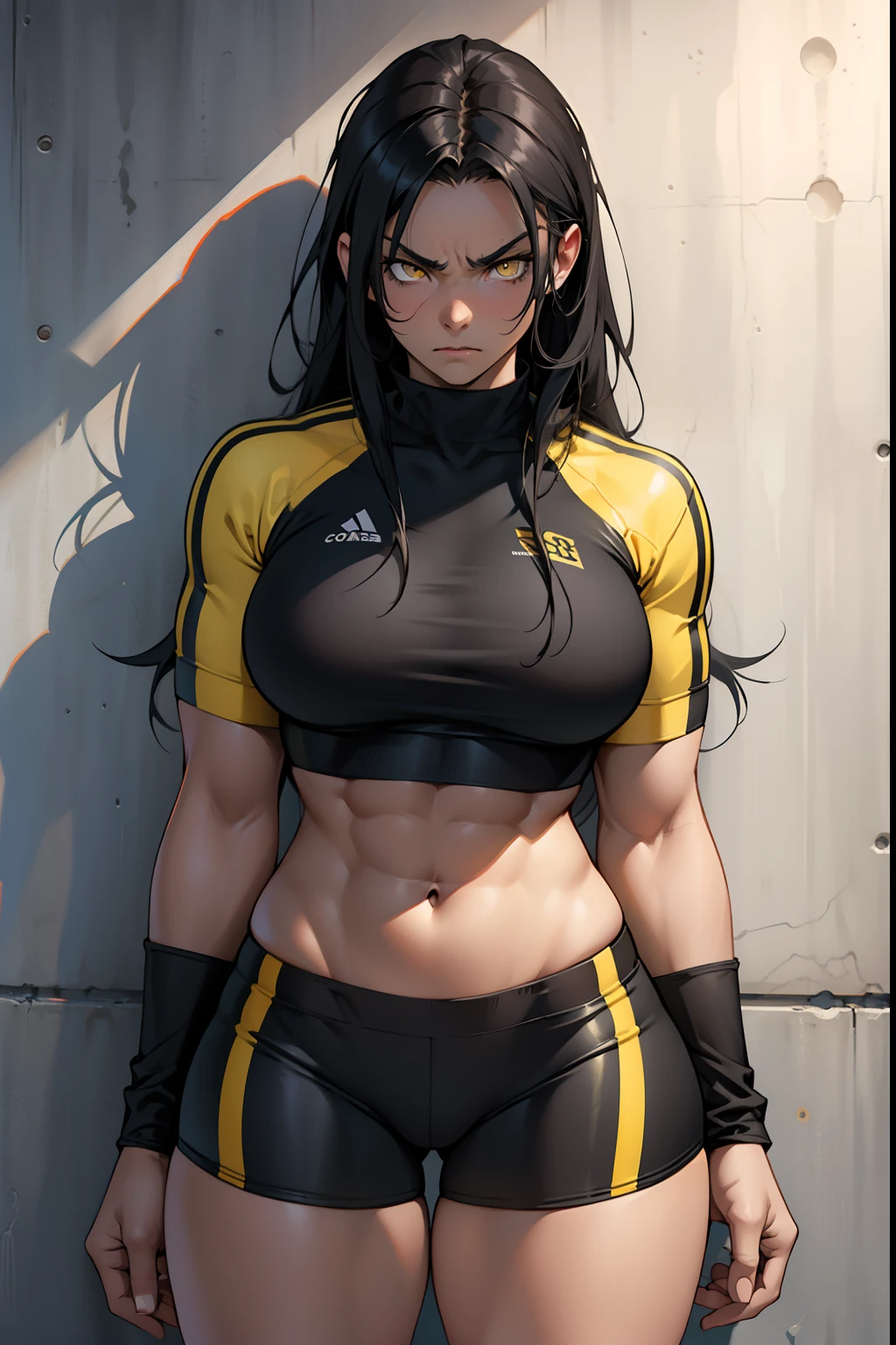 girl ((muscular)) thick thighs toned body breastsblack hair yellow eyes athletic sad extremely long hair